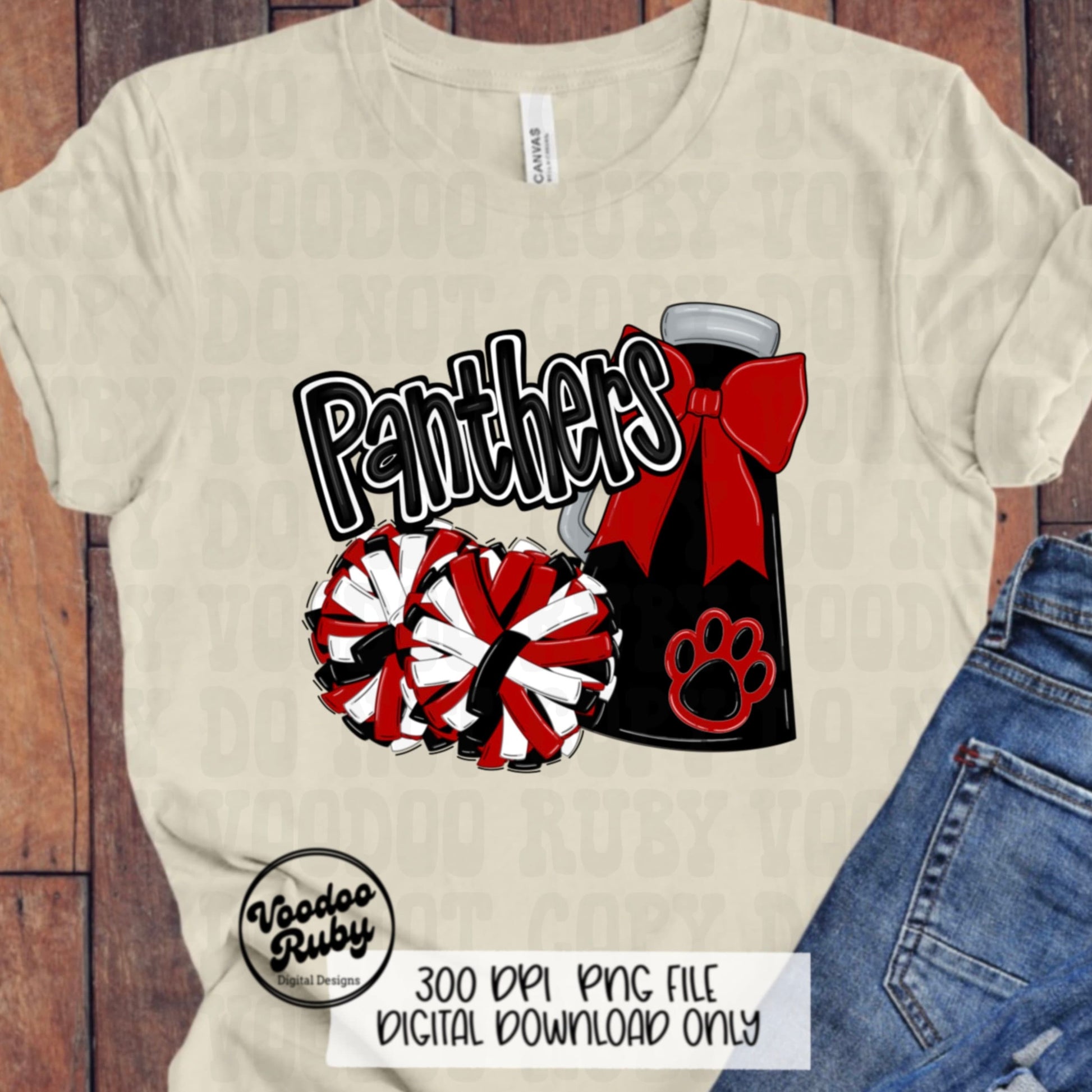 Panthers Cheer PNG Design Sublimation Hand Drawn Digital Download Football PNG Red Black Panthers png Paw Print Mascot DTF Printable