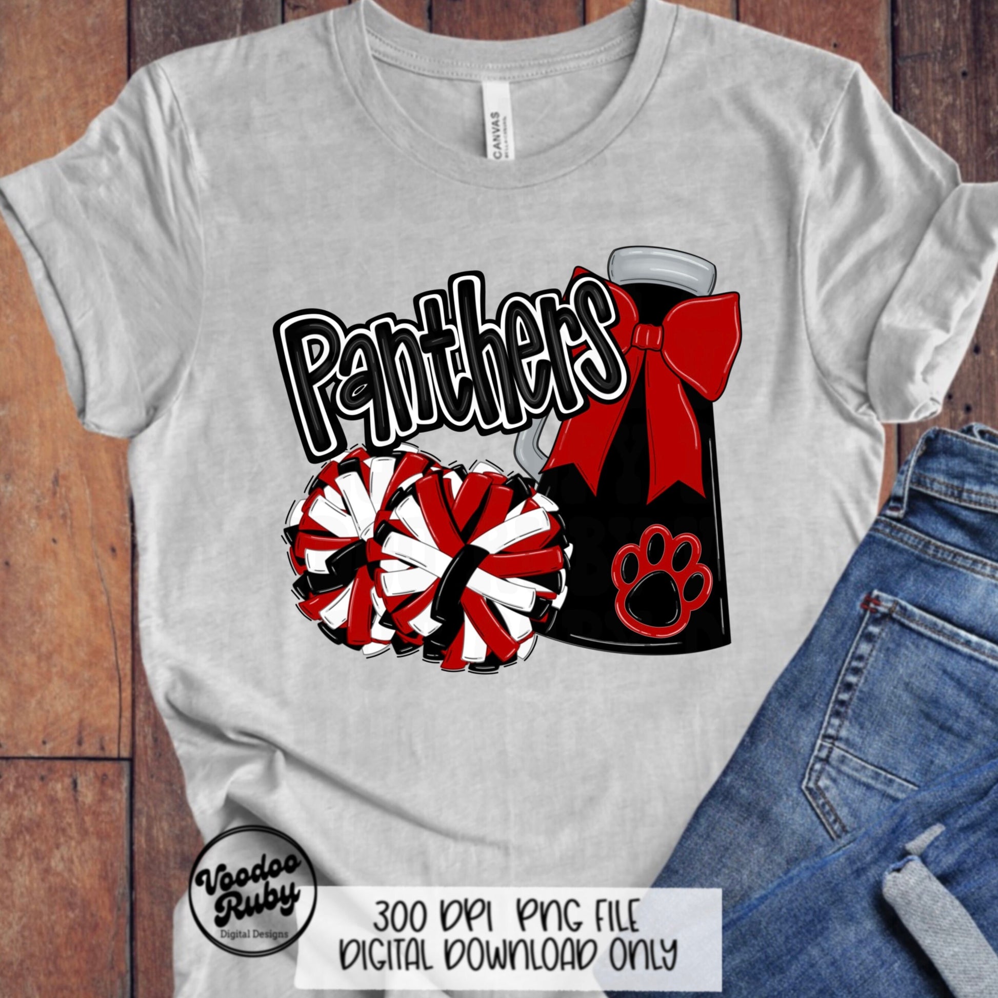 Panthers Cheer PNG Design Sublimation Hand Drawn Digital Download Football PNG Red Black Panthers png Paw Print Mascot DTF Printable