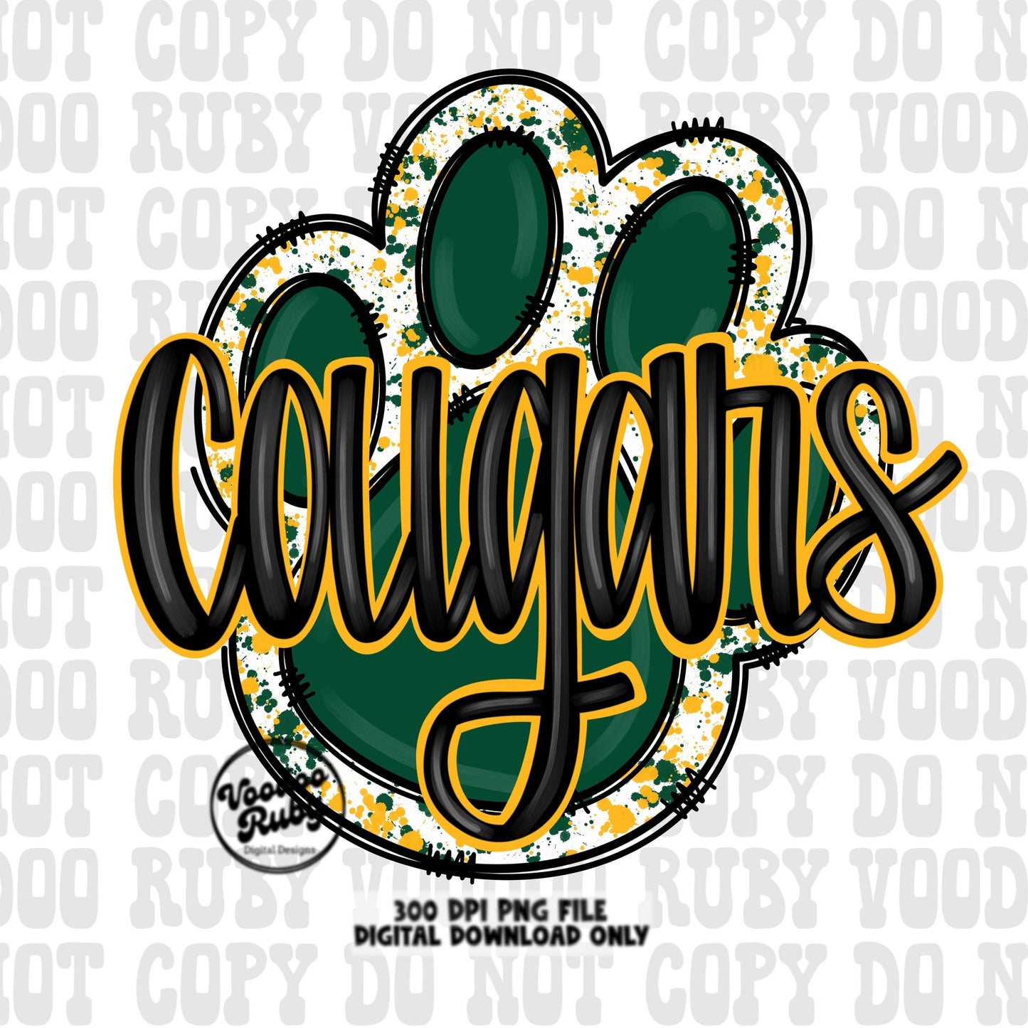 Cougars PNG Design Sublimation Hand Drawn Digital Download Football PNG Paw Print Green Yellow Gold Cougars Mascot DTF Printable