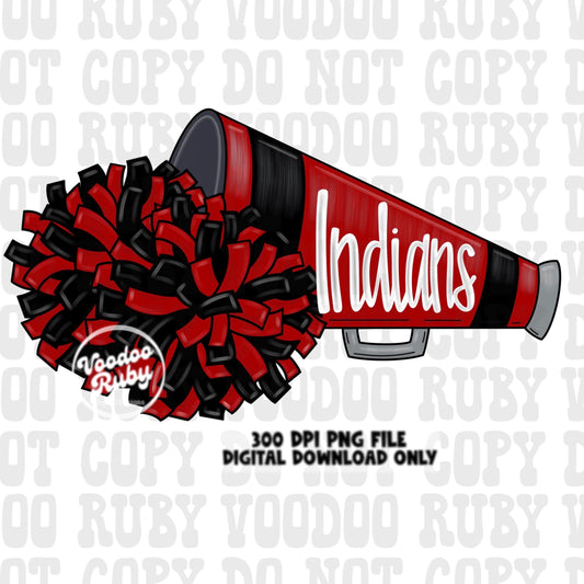 Indians Cheer PNG Design Sublimation Hand Drawn Digital Download Indians Football PNG Cheerleader Red Black Cheer Dtf Printable Megaphone