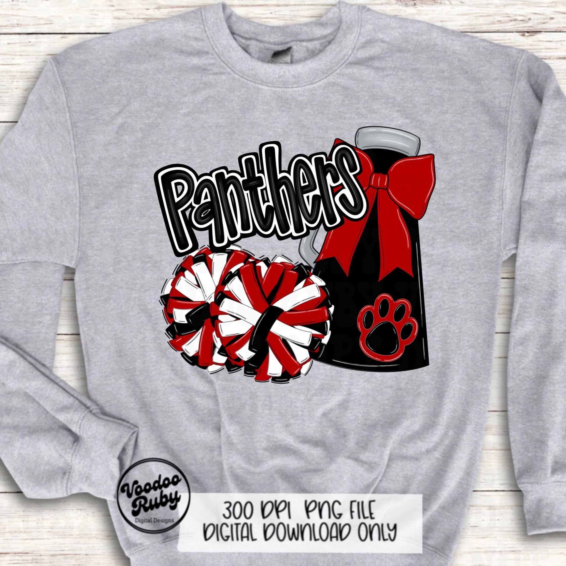 Panthers Cheer PNG Design Sublimation Hand Drawn Digital Download Football PNG Red Black Panthers png Paw Print Mascot DTF Printable