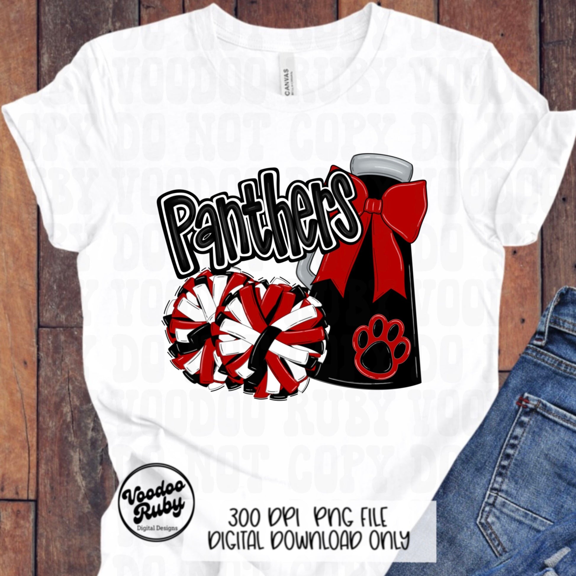 Panthers Cheer PNG Design Sublimation Hand Drawn Digital Download Football PNG Red Black Panthers png Paw Print Mascot DTF Printable