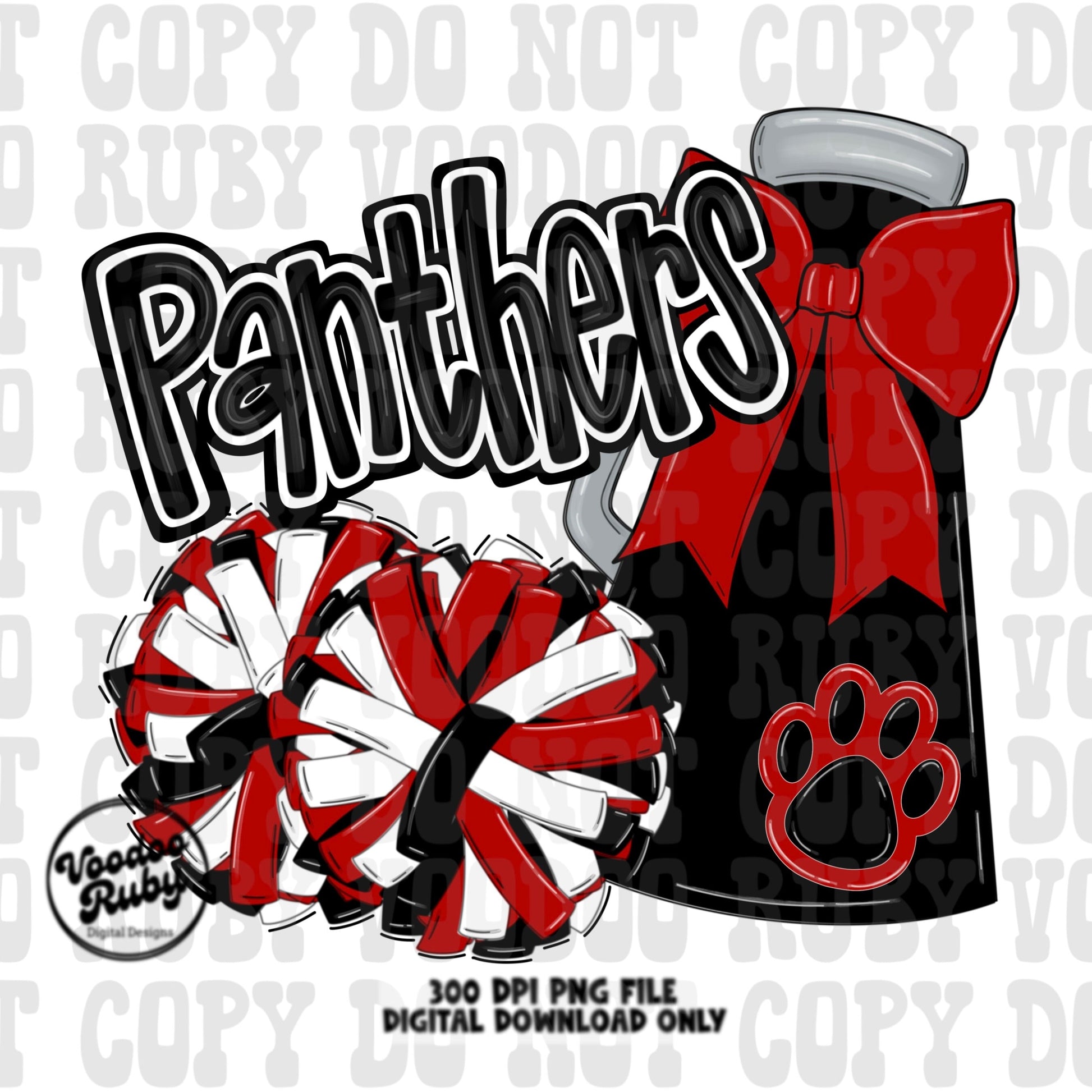 Panthers Cheer PNG Design Sublimation Hand Drawn Digital Download Football PNG Red Black Panthers png Paw Print Mascot DTF Printable