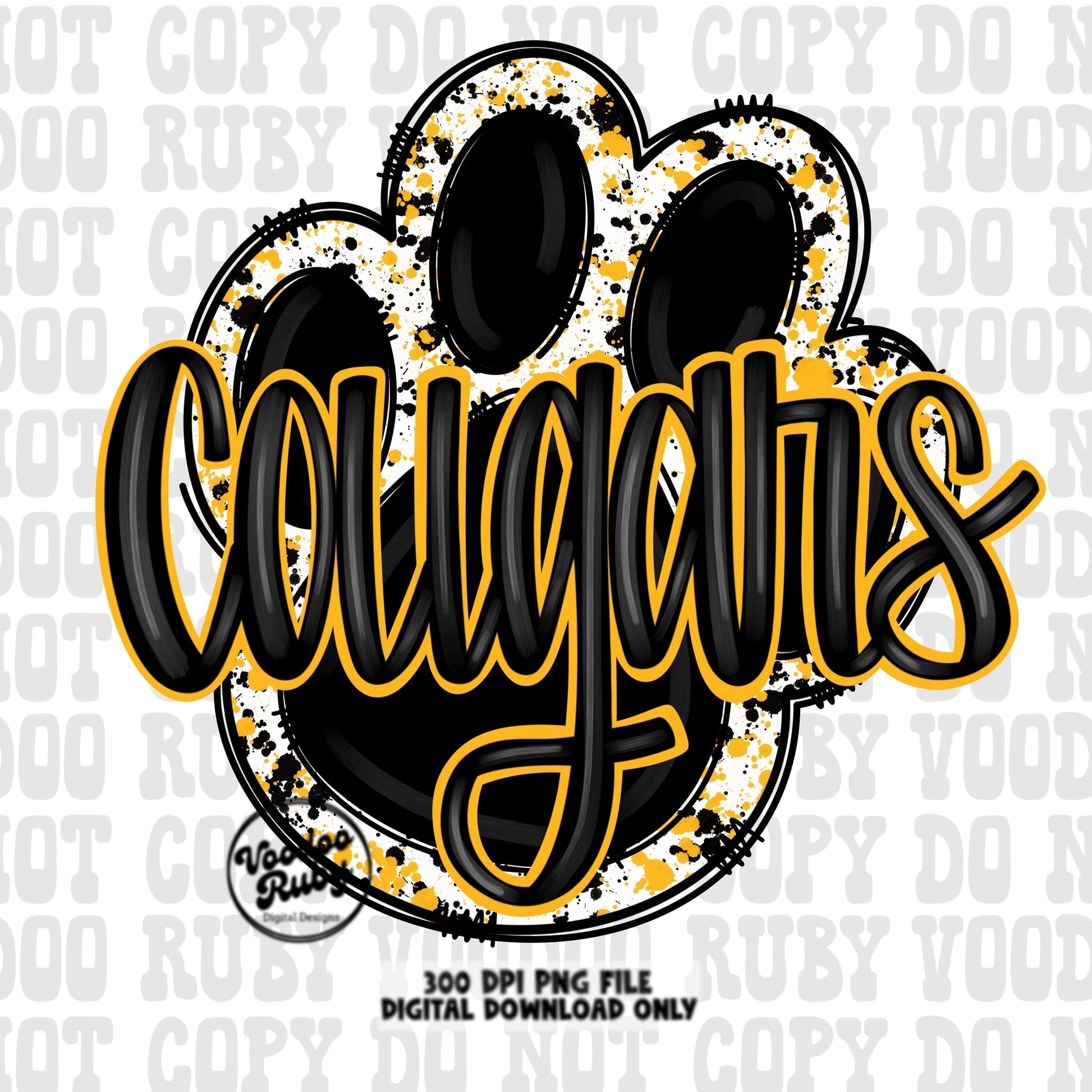 Cougars PNG Design Sublimation Hand Drawn Digital Download Football PNG Paw Print Black Yellow Gold Cougars Mascot DTF Printable