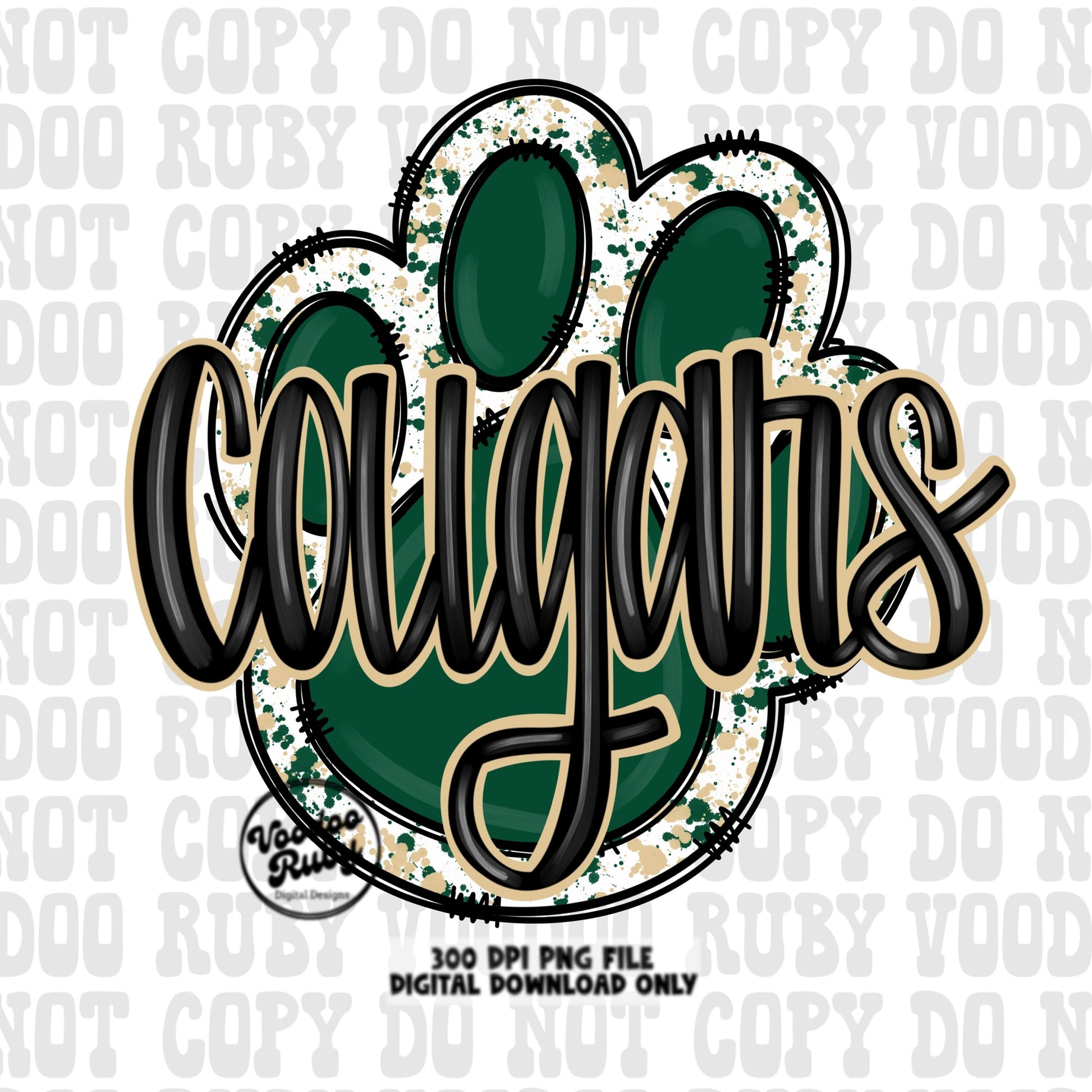 Cougars PNG Design Sublimation Hand Drawn Digital Download Football PNG Paw Print Green Gold Cougars Mascot DTF Printable