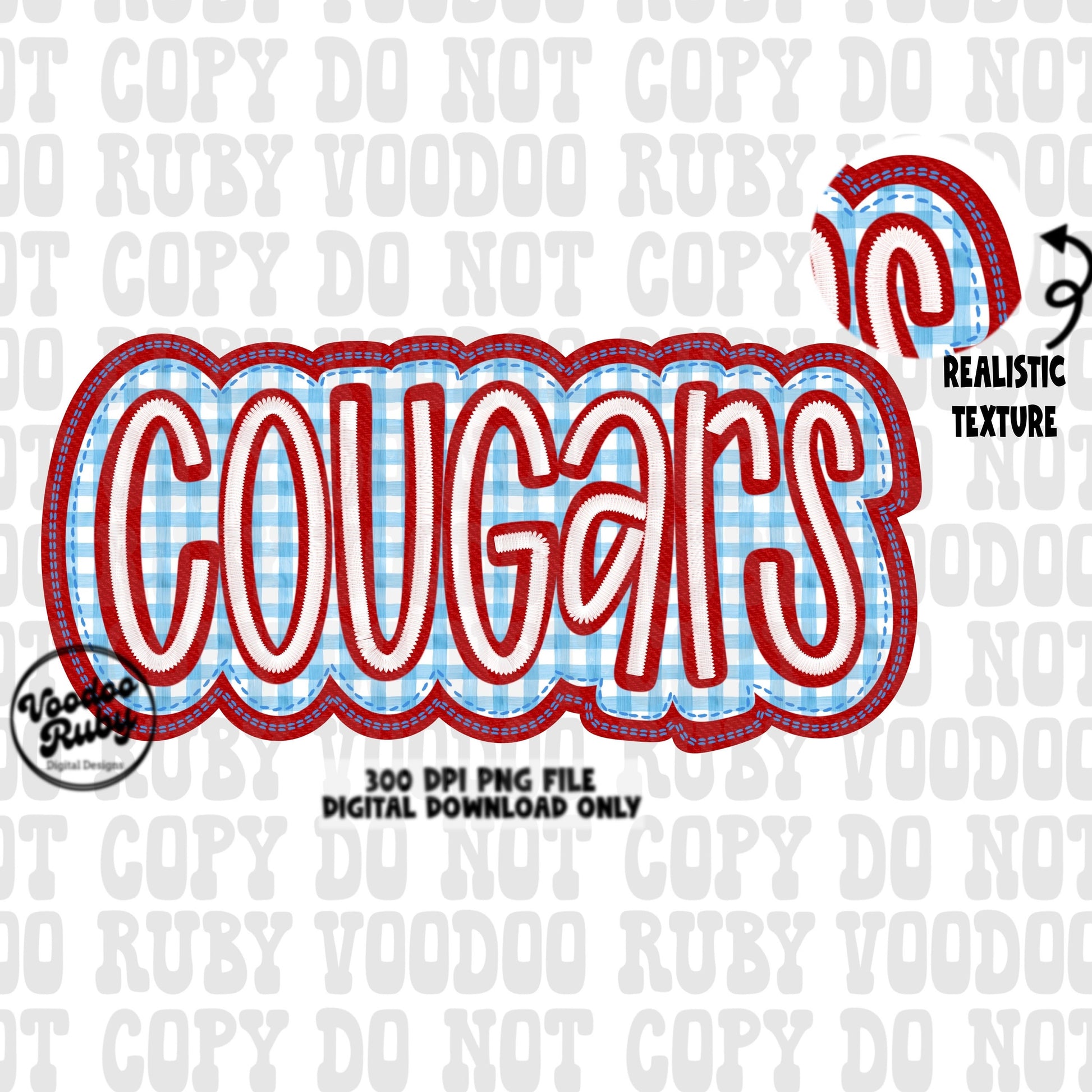 Cougars PNG Design Embroidery Faux Applique Hand Drawn Digital Download Sublimation Cougars PNG Football png Blue Red Cougars DTF Printable