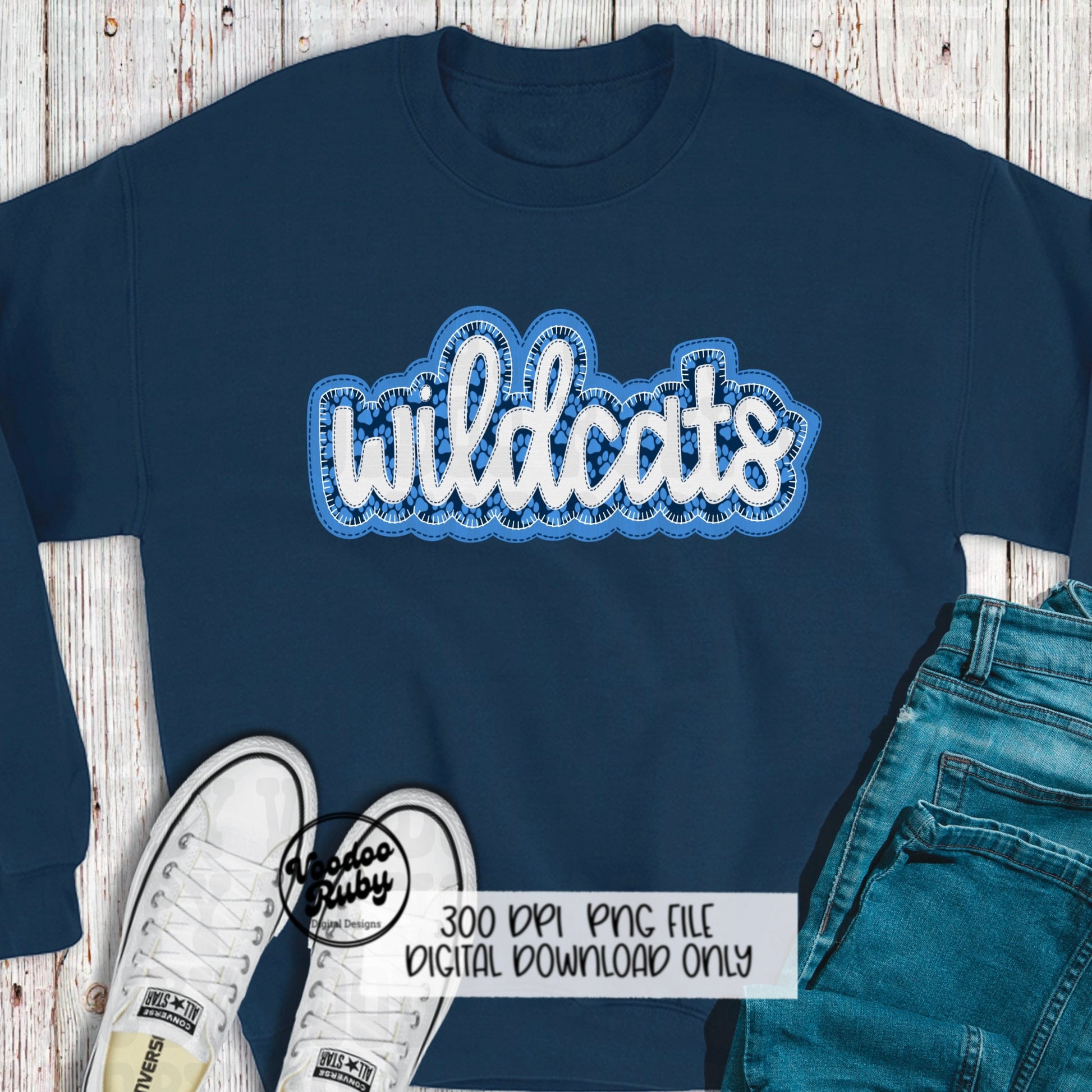 Wildcats PNG Design Embroidery Faux Applique Hand Drawn Digital Download Sublimation Wildcats Mascot PNG Football Blue Wildcats DTF