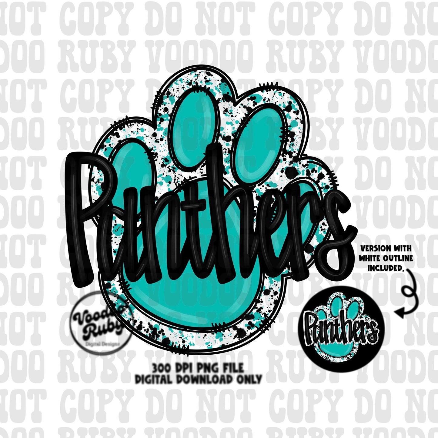 Panthers PNG Design Sublimation Hand Drawn Digital Download Football PNG Paw Teal Turquoise Panthers Mascot Football DTF Printable