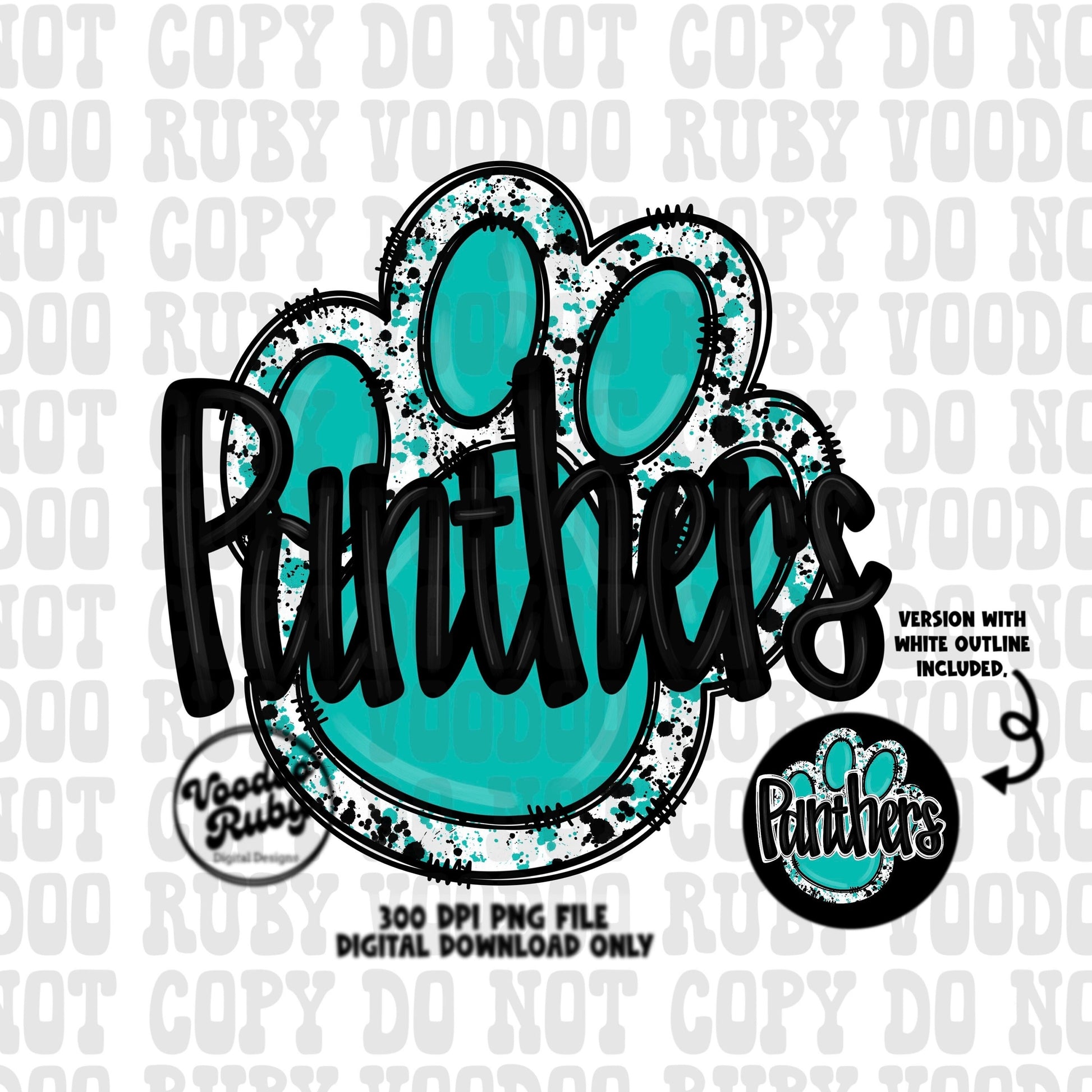 Panthers PNG Design Sublimation Hand Drawn Digital Download Football PNG Paw Teal Turquoise Panthers Mascot Football DTF Printable