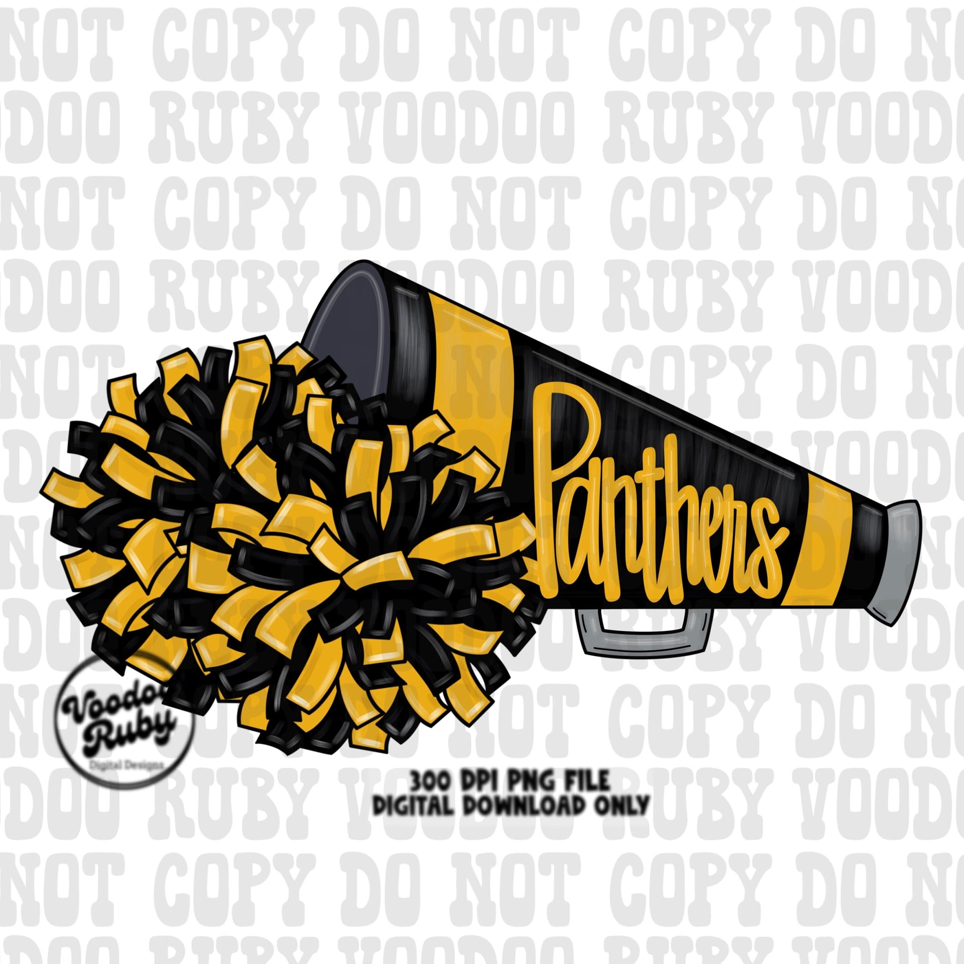 Panthers Cheer PNG Design Sublimation Hand Drawn Digital Download Football PNG Black Gold Panthers Cheerleader Megaphone DTF Printable