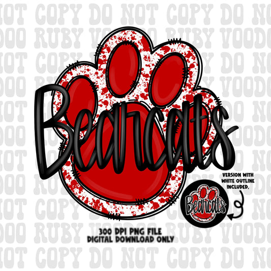 Bearcats PNG Design Sublimation Hand Drawn Digital Download Football PNG Red Bearcats Paw Print DTF Printable Clip Art School Spirit Mascot