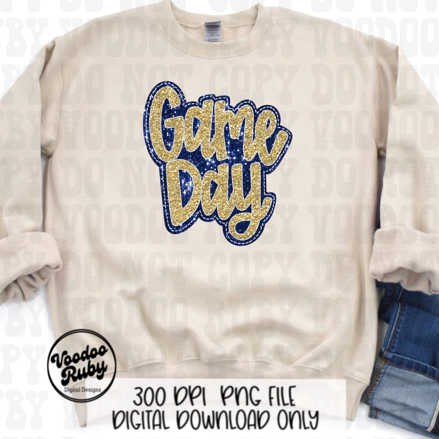 Sequin Game Day PNG Design Bundle Faux Embroidery PNG Hand Drawn Digital Download Faux Sequins png Printable Clip Art Dark Blue Gold DTF