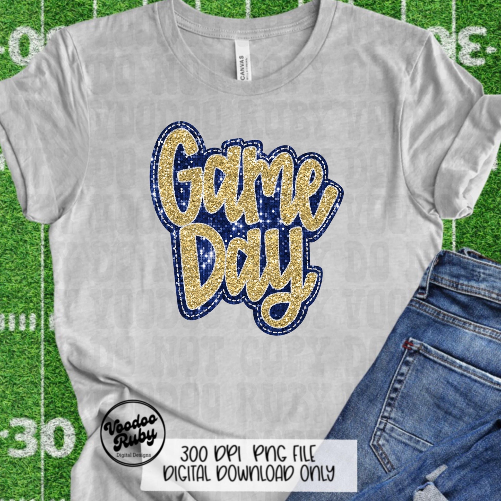 Sequin Game Day PNG Design Bundle Faux Embroidery PNG Hand Drawn Digital Download Faux Sequins png Printable Clip Art Dark Blue Gold DTF