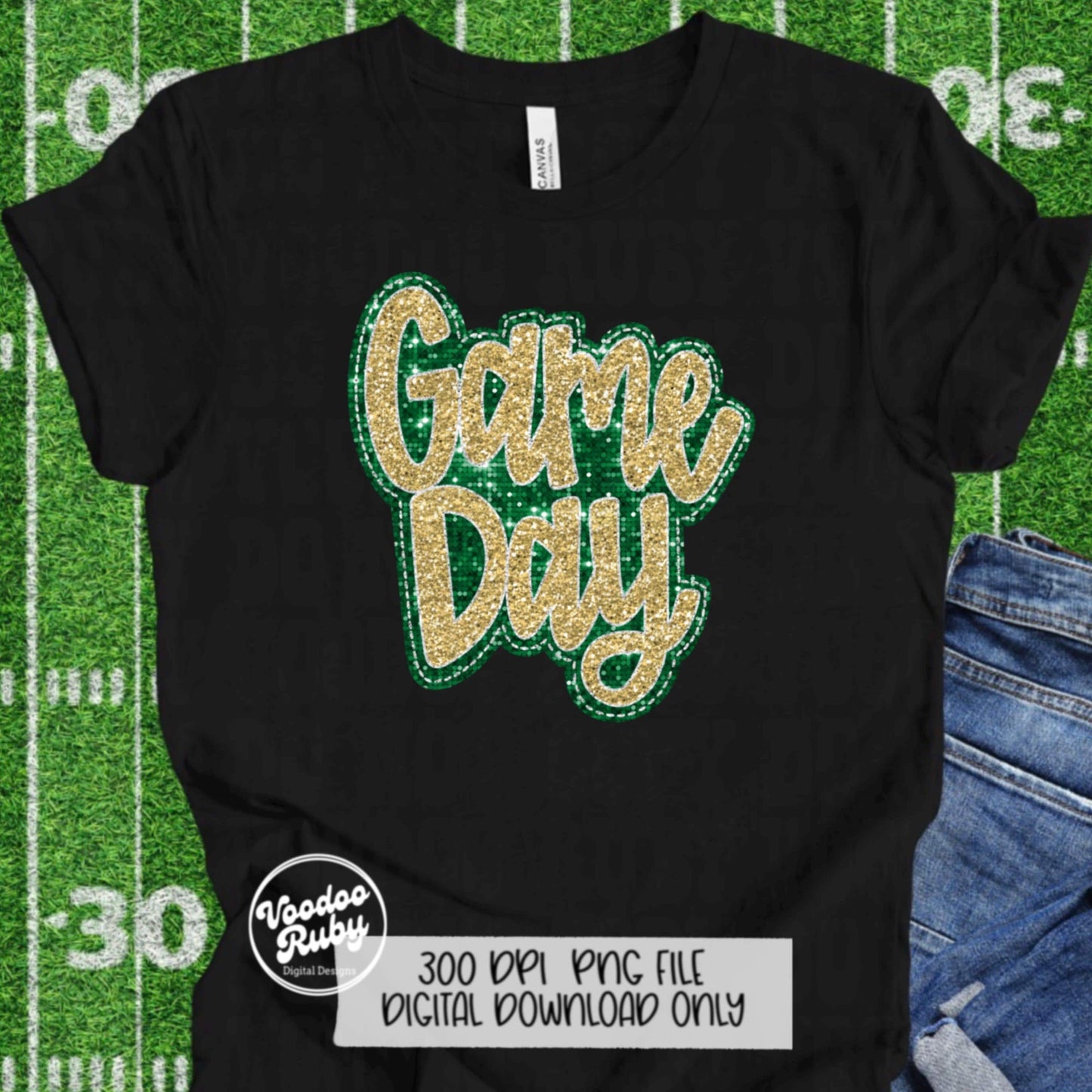 Sequin Game Day PNG Design Bundle Faux Embroidery PNG Hand Drawn Digital Download Faux Sequins png Printable Clip Art Green Gold DTF