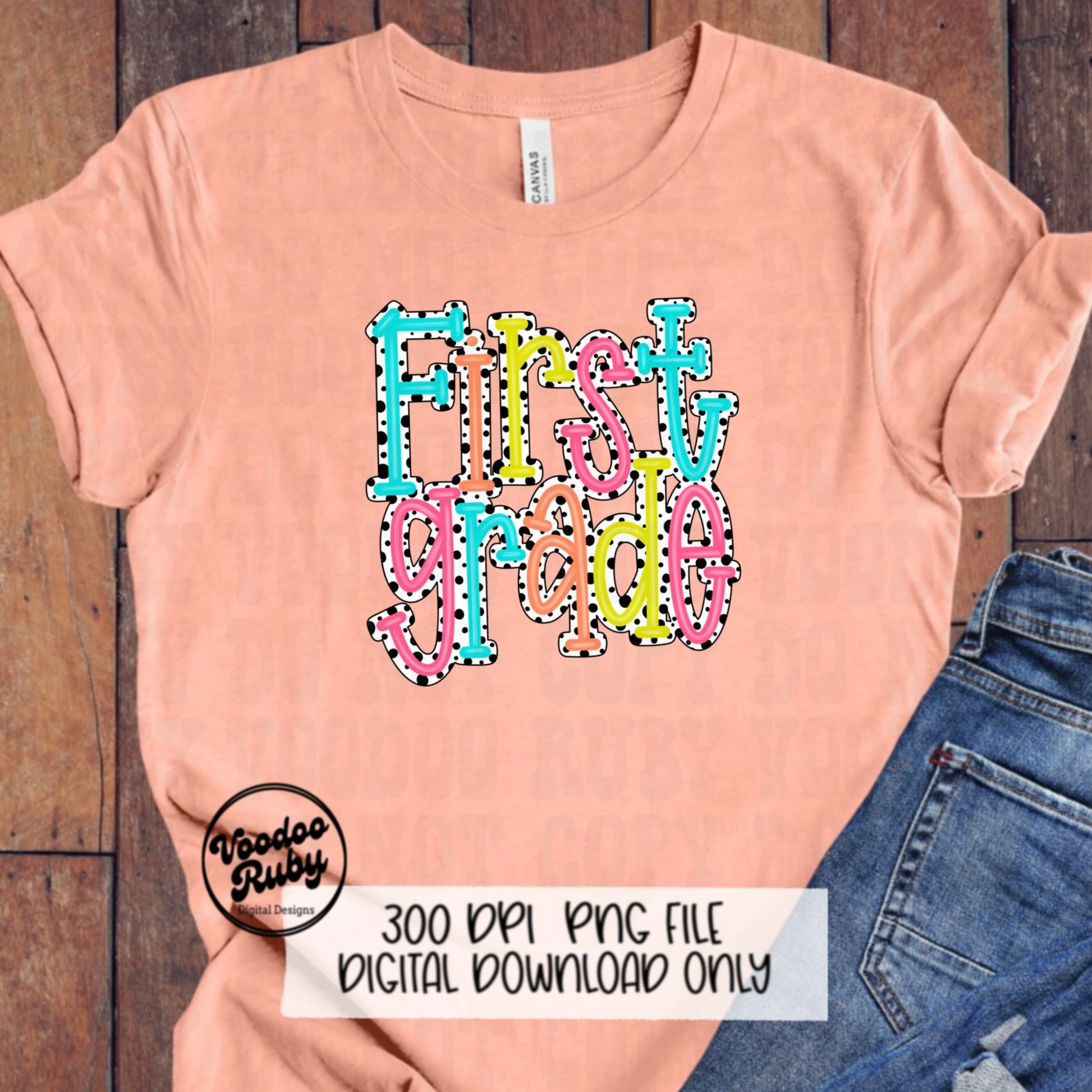 Back to School PNG Design First Grade png Teacher gift Hand Drawn Digital Download Sublimation Dalmatian Dots PNG 1st grade DTF Printable