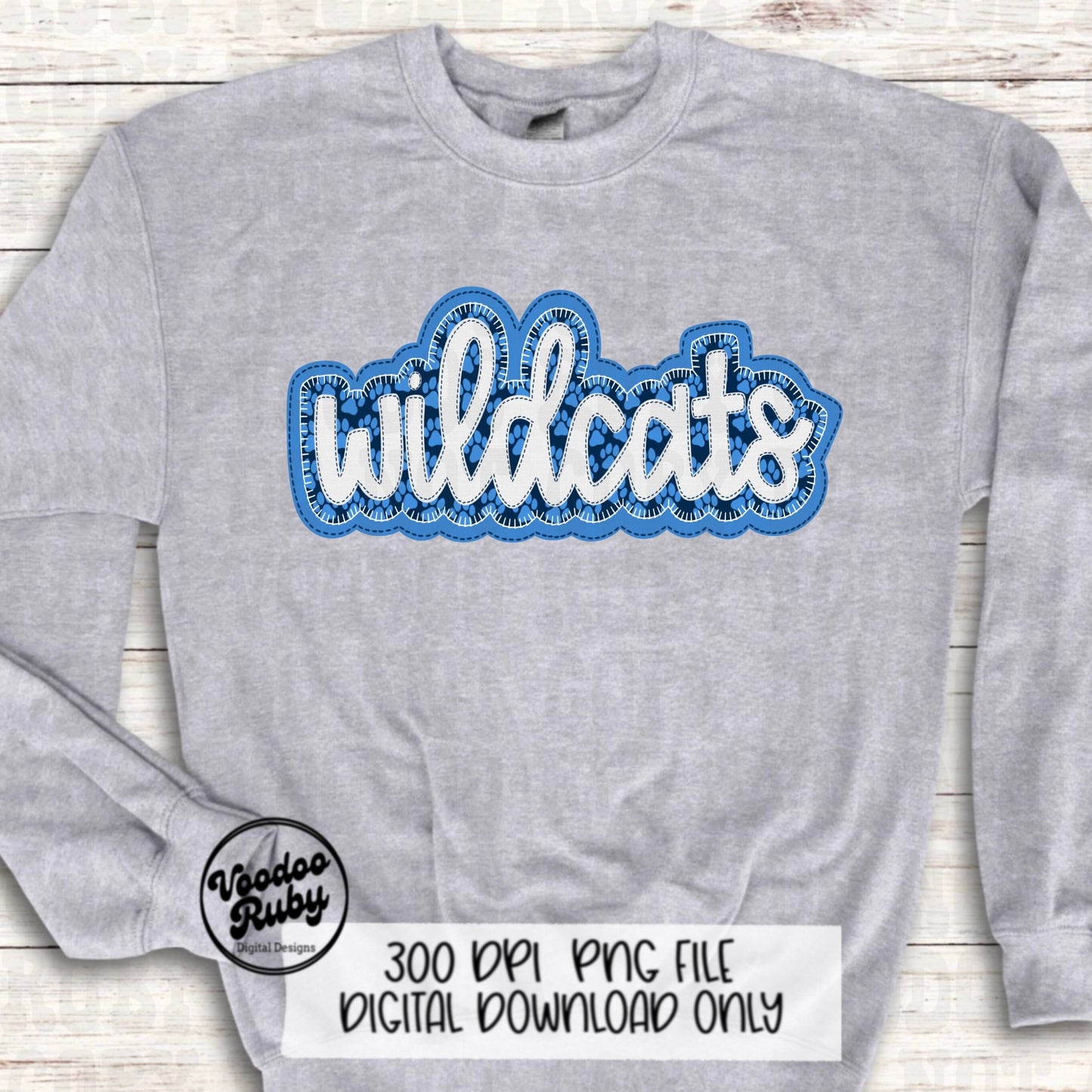 Wildcats PNG Design Embroidery Faux Applique Hand Drawn Digital Download Sublimation Wildcats Mascot PNG Football Blue Wildcats DTF