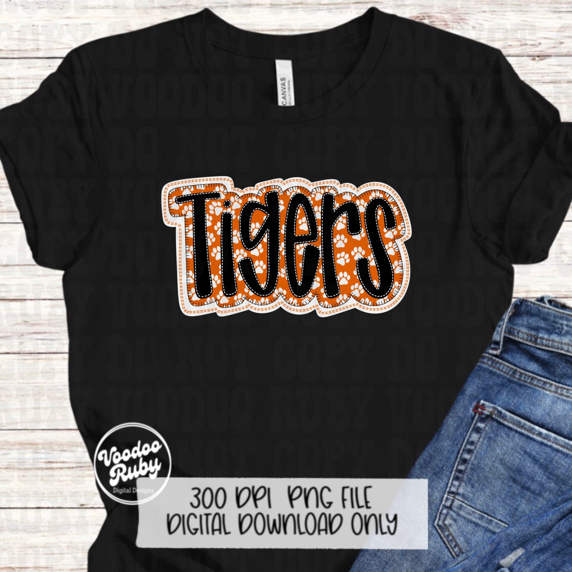 Tigers PNG Design Faux Embroidery Sublimation Hand Drawn Digital Download Orange White Tigers PNG Football png Mascot DTF Printable