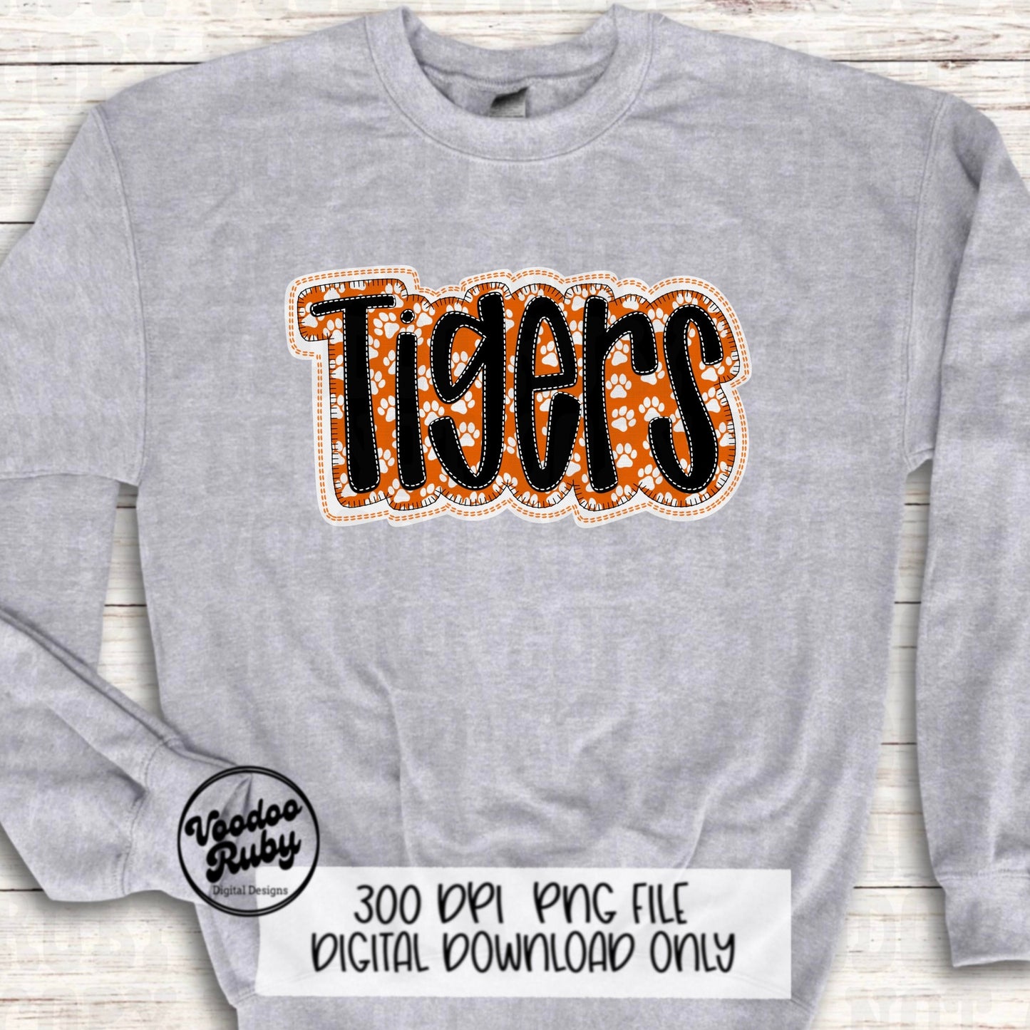 Tigers PNG Design Faux Embroidery Sublimation Hand Drawn Digital Download Orange White Tigers PNG Football png Mascot DTF Printable