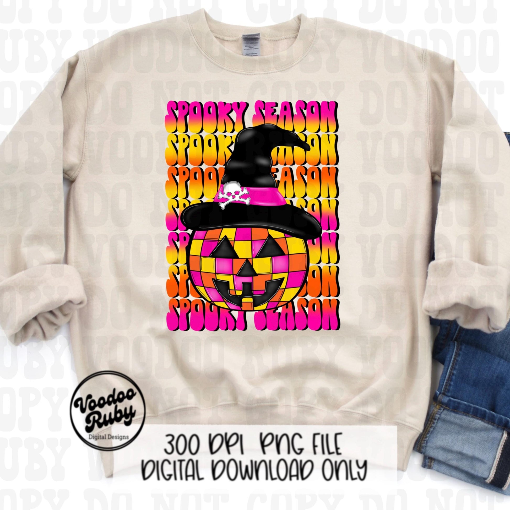 Spooky Season PNG Design Halloween Sublimation Hand Drawn Digital Download Disco Ball Pumpkin Witch Trendy DTF Printable Retro Font