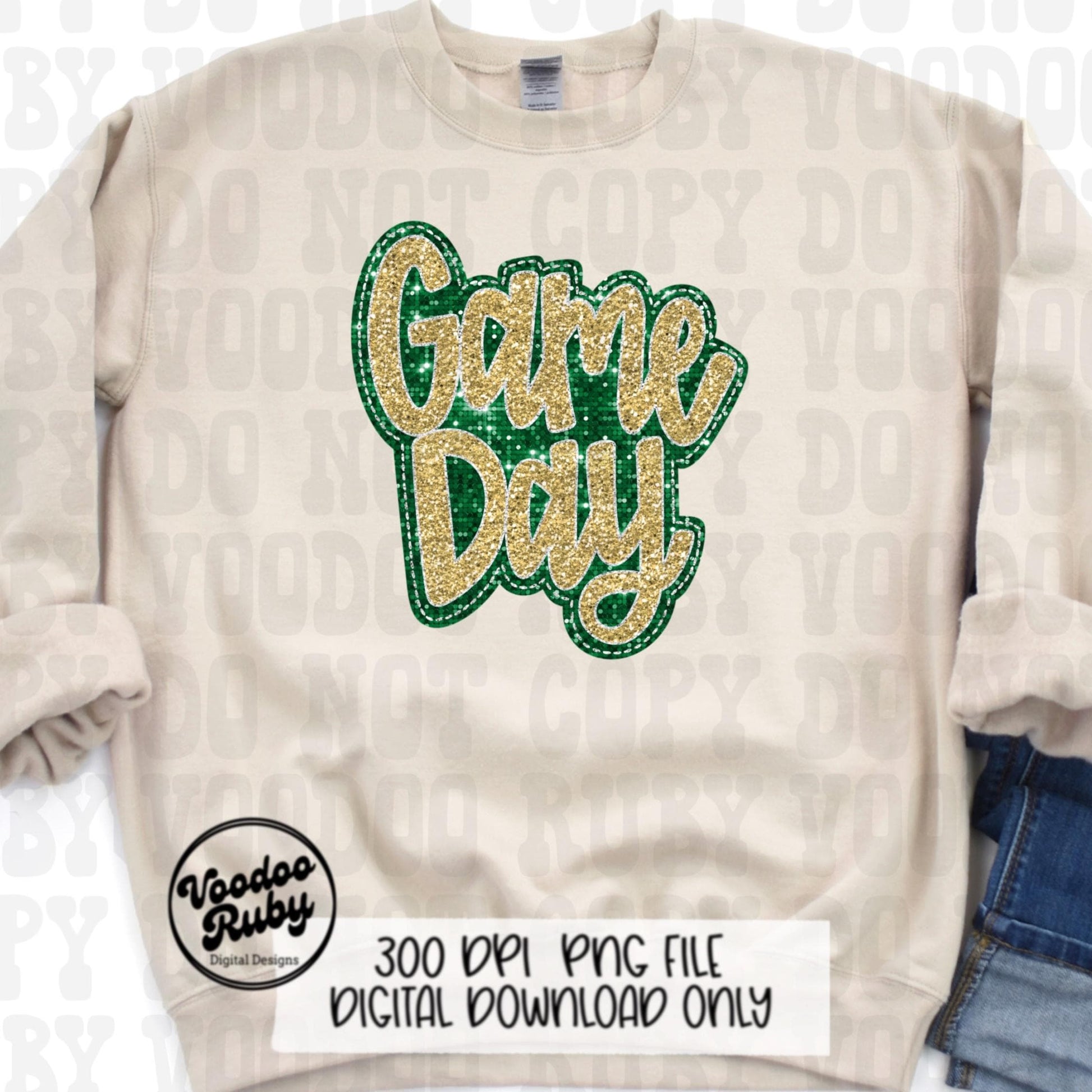 Sequin Game Day PNG Design Bundle Faux Embroidery PNG Hand Drawn Digital Download Faux Sequins png Printable Clip Art Green Gold DTF