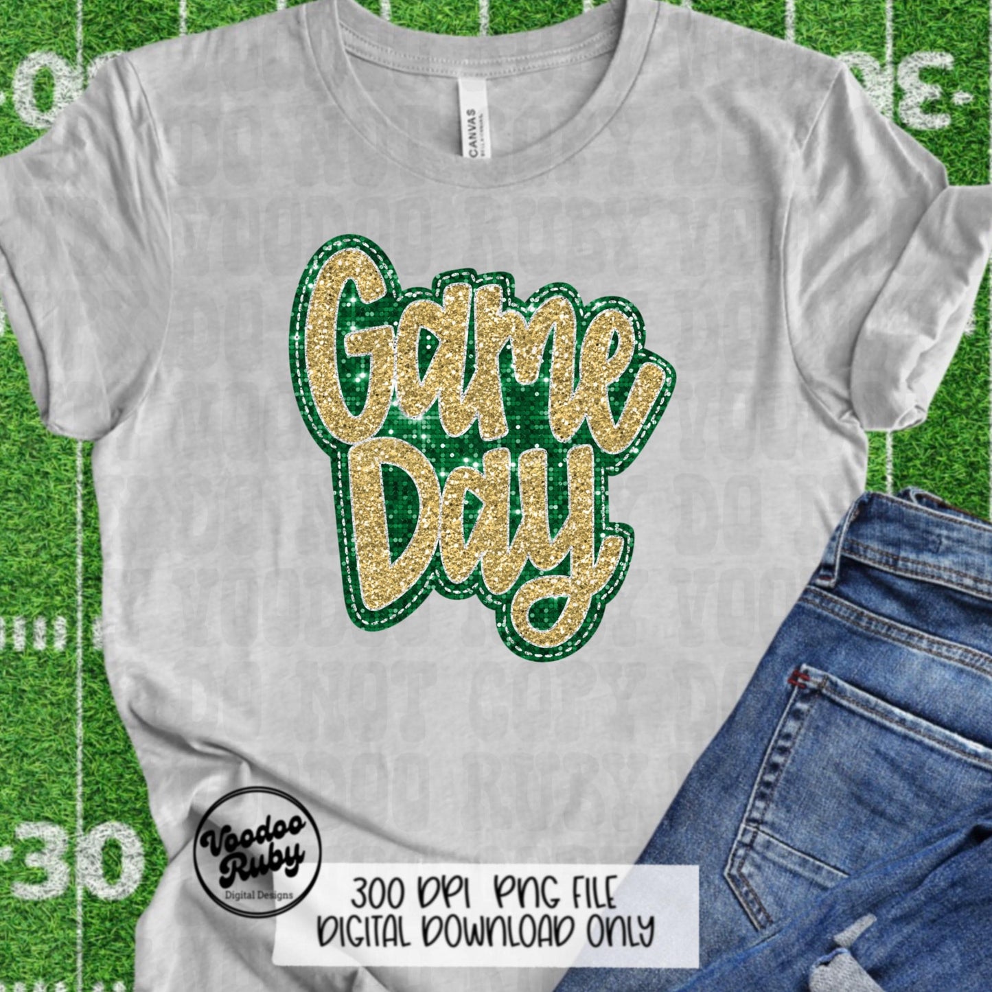 Sequin Game Day PNG Design Bundle Faux Embroidery PNG Hand Drawn Digital Download Faux Sequins png Printable Clip Art Green Gold DTF