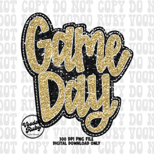 Sequin Game Day PNG Design Bundle Faux Embroidery PNG Hand Drawn Digital Download Faux Sequins png Printable Clip Art Black Gold DTF