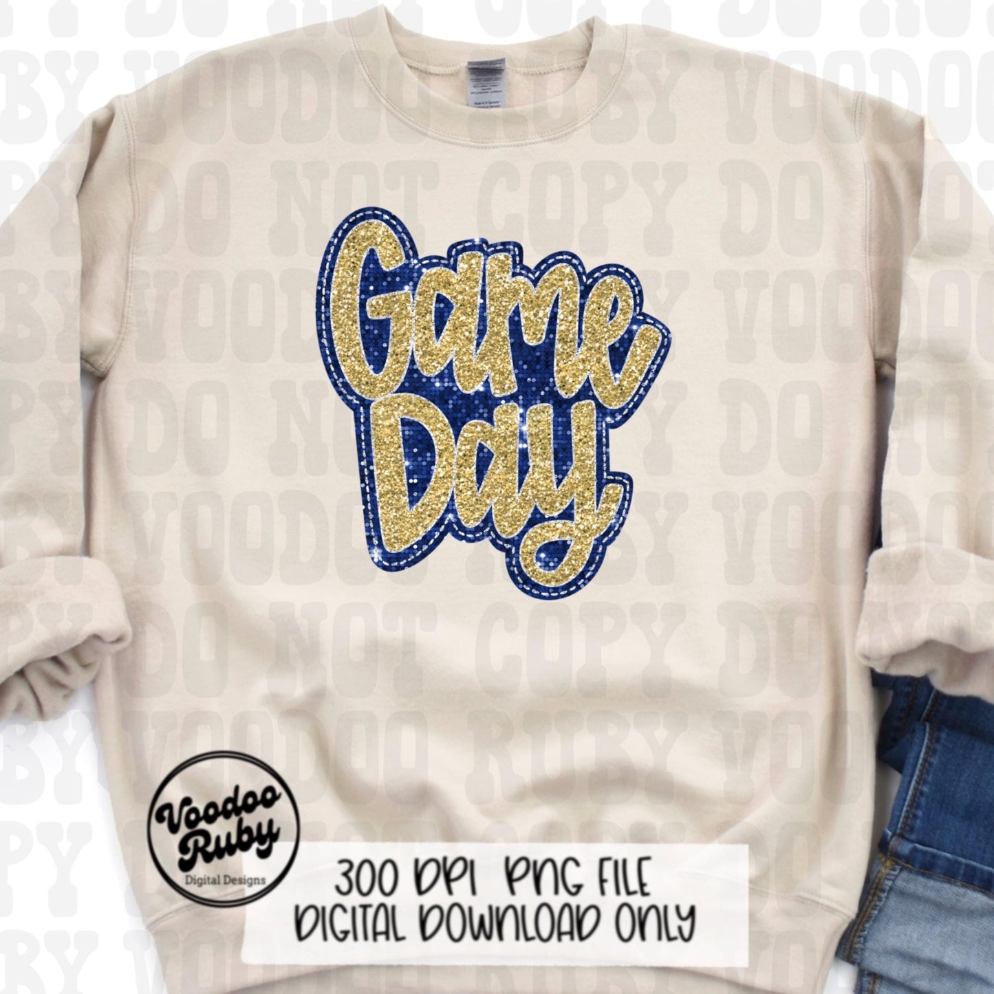 Sequin Game Day PNG Design Bundle Faux Embroidery PNG Hand Drawn Digital Download Faux Sequins png Printable Clip Art Blue Gold DTF