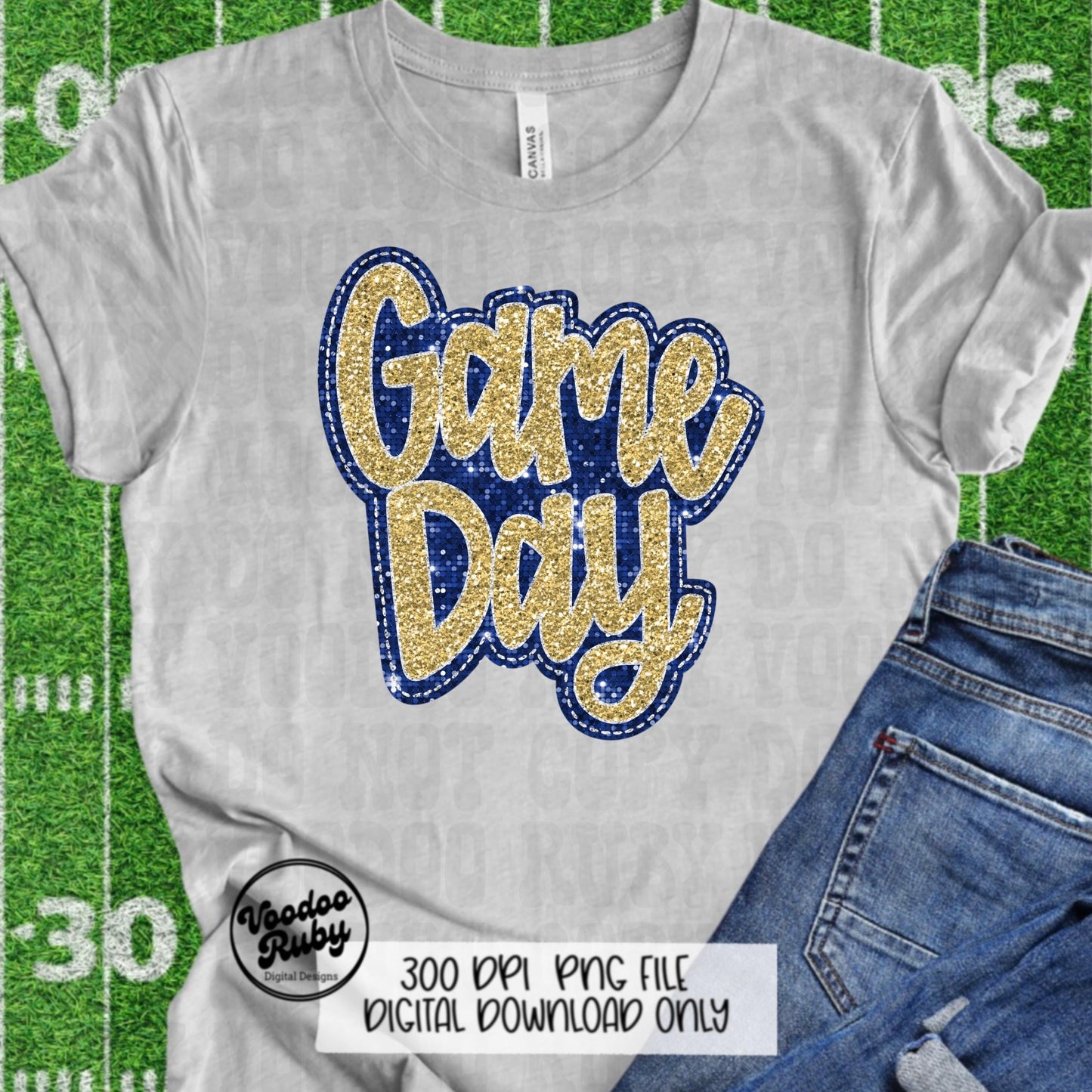 Sequin Game Day PNG Design Bundle Faux Embroidery PNG Hand Drawn Digital Download Faux Sequins png Printable Clip Art Blue Gold DTF