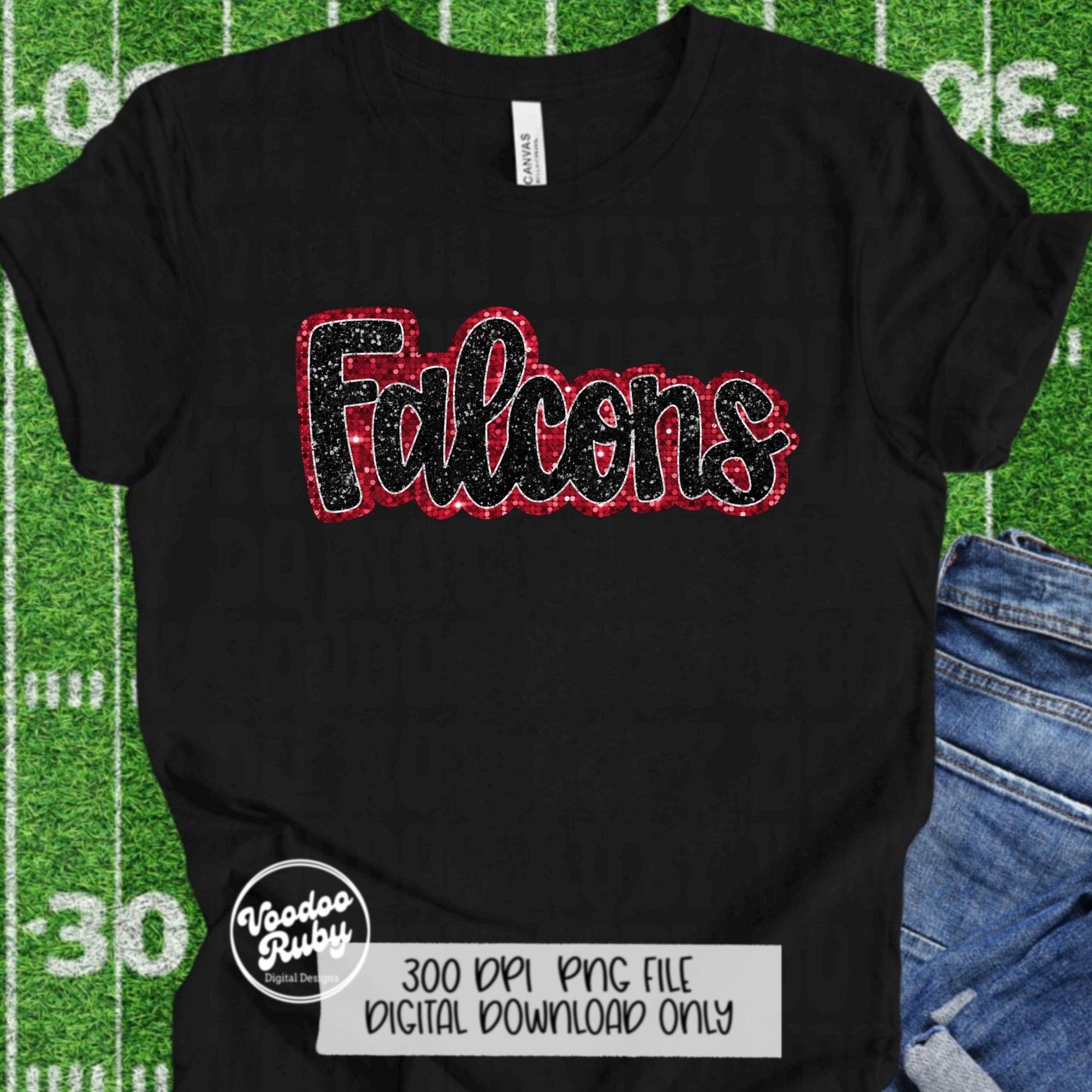 Falcons PNG Design Hand Drawn Digital Download Sublimation Faux Sequin Glitter PNG Black and Red Falcons Football png Falcons DTF Printable