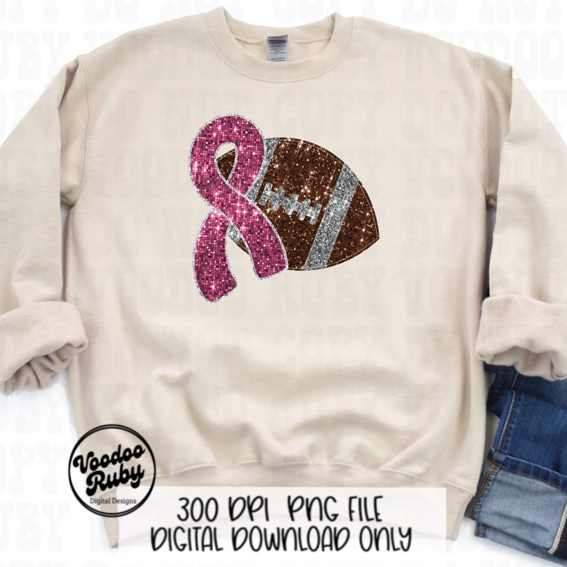 Pink Football PNG Design Sublimation Hand Drawn Digital Download Faux Sequins Pink Ribbon PNG Pink October DTF Printable Pink Awareness png