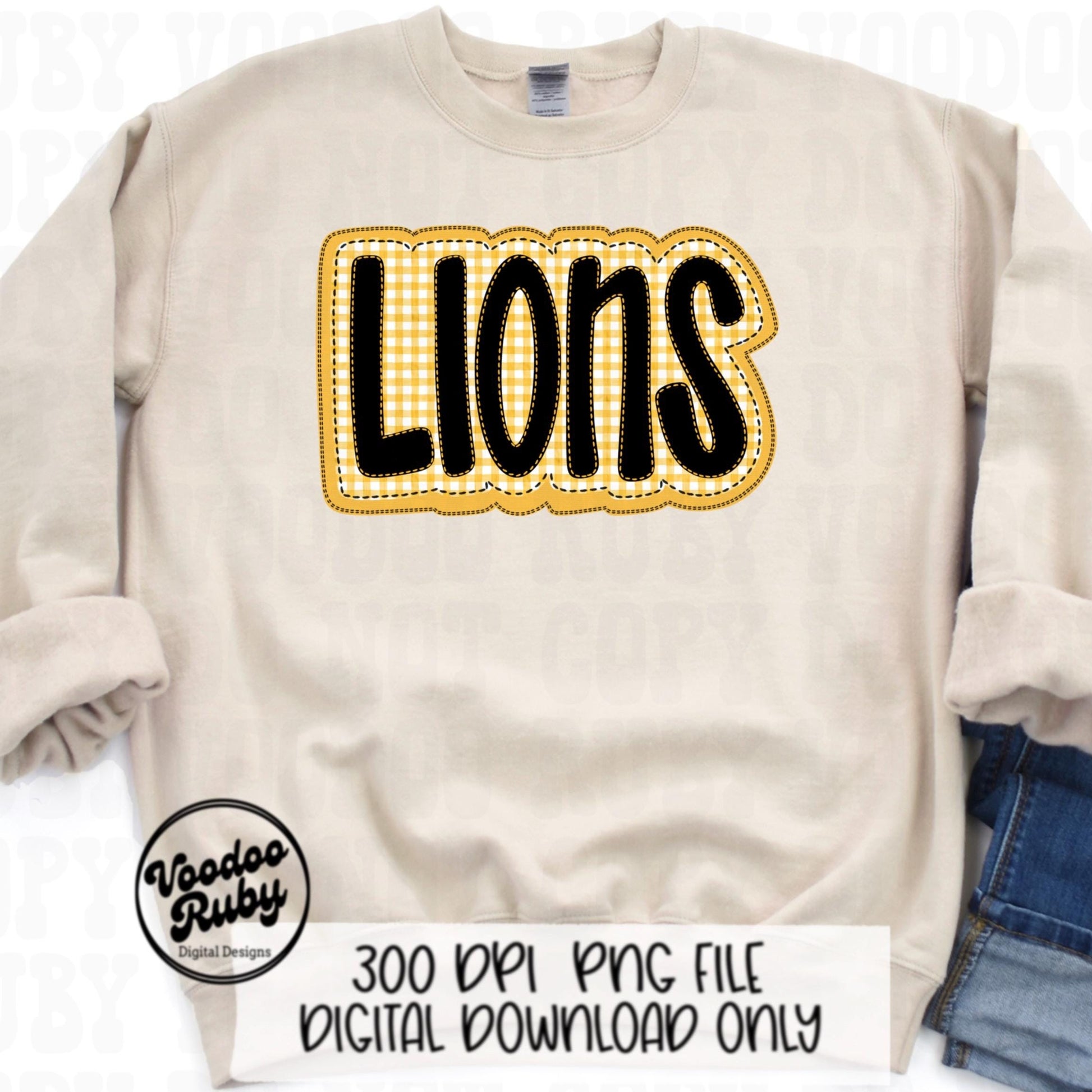 Lions PNG Design Embroidery Sublimation Faux Applique Hand Drawn Digital Download Lions Football png Yellow Gold Lions Mascot DTF Printable