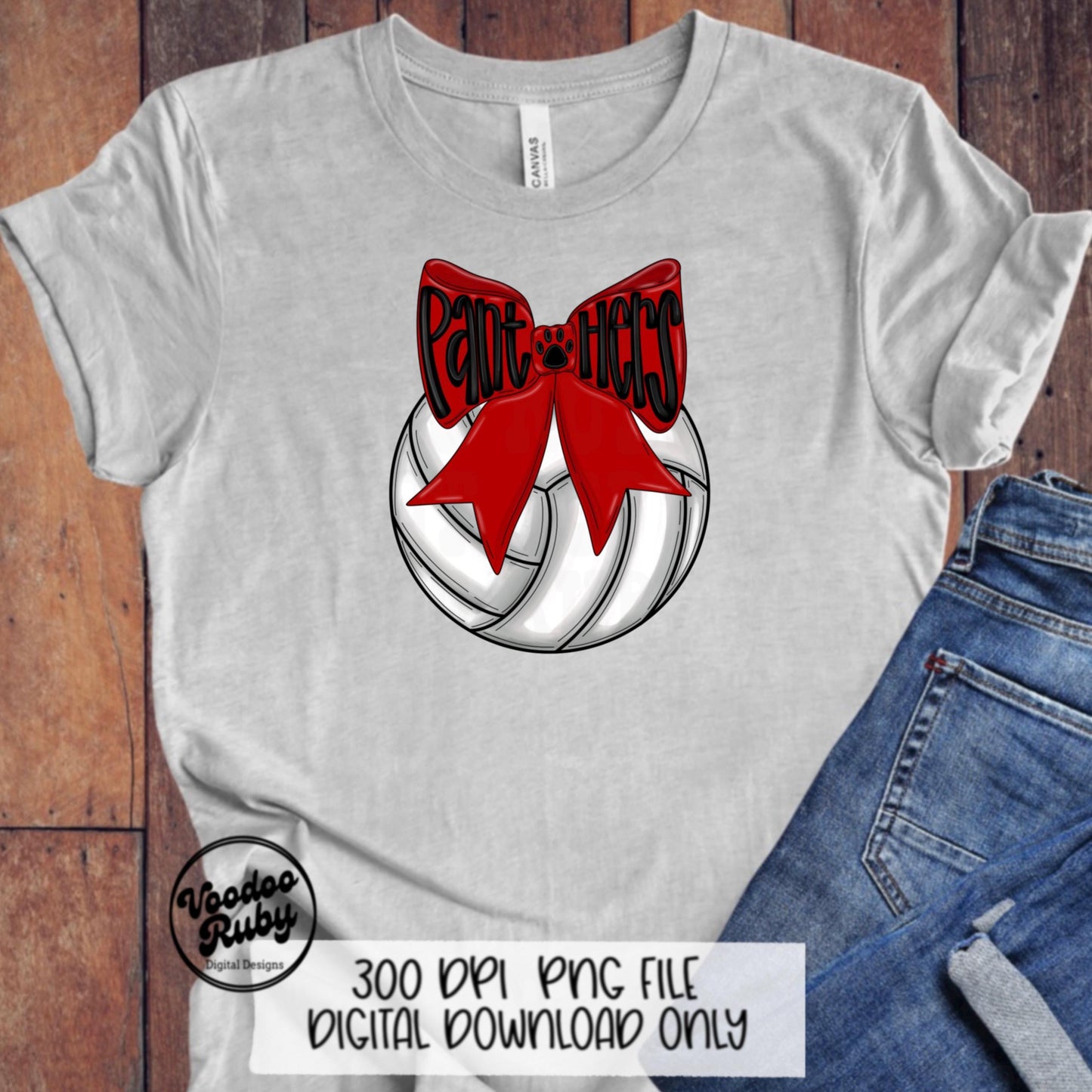 Red Panthers Mascot Volleyball PNG Design Sublimation Coquette Hand Drawn Digital Download Red Panthers Volleyball Bow PNG Panthers DTF