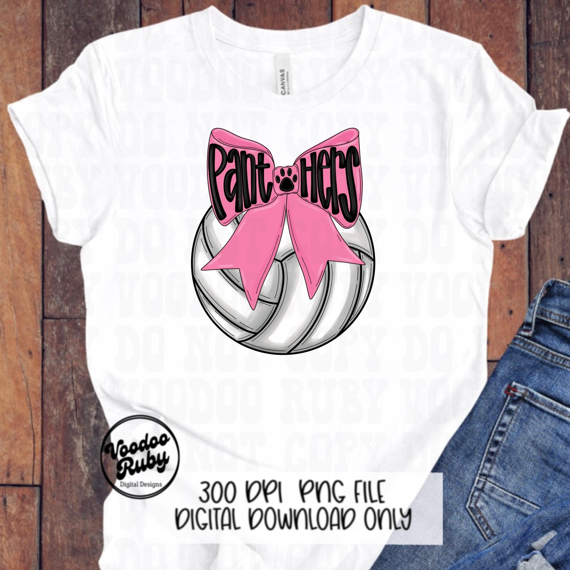 Pink Panthers Mascot Volleyball PNG Design Sublimation Coquette Hand Drawn Digital Download Pink Out Volleyball Pink Bow PNG October Pink