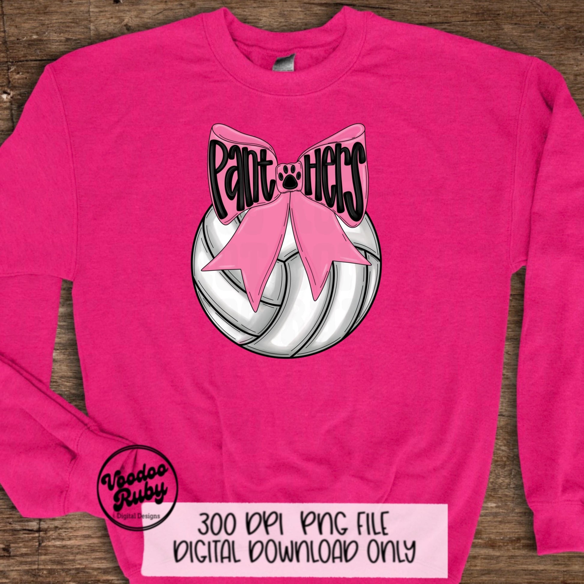 Pink Panthers Mascot Volleyball PNG Design Sublimation Coquette Hand Drawn Digital Download Pink Out Volleyball Pink Bow PNG October Pink