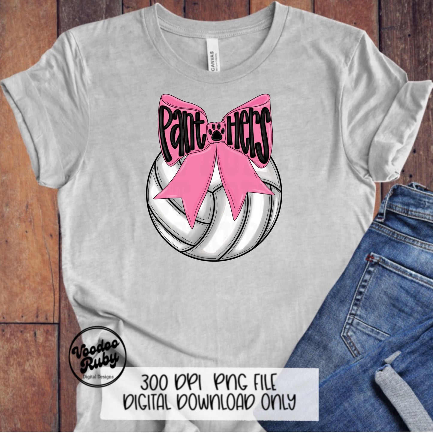 Pink Panthers Mascot Volleyball PNG Design Sublimation Coquette Hand Drawn Digital Download Pink Out Volleyball Pink Bow PNG October Pink