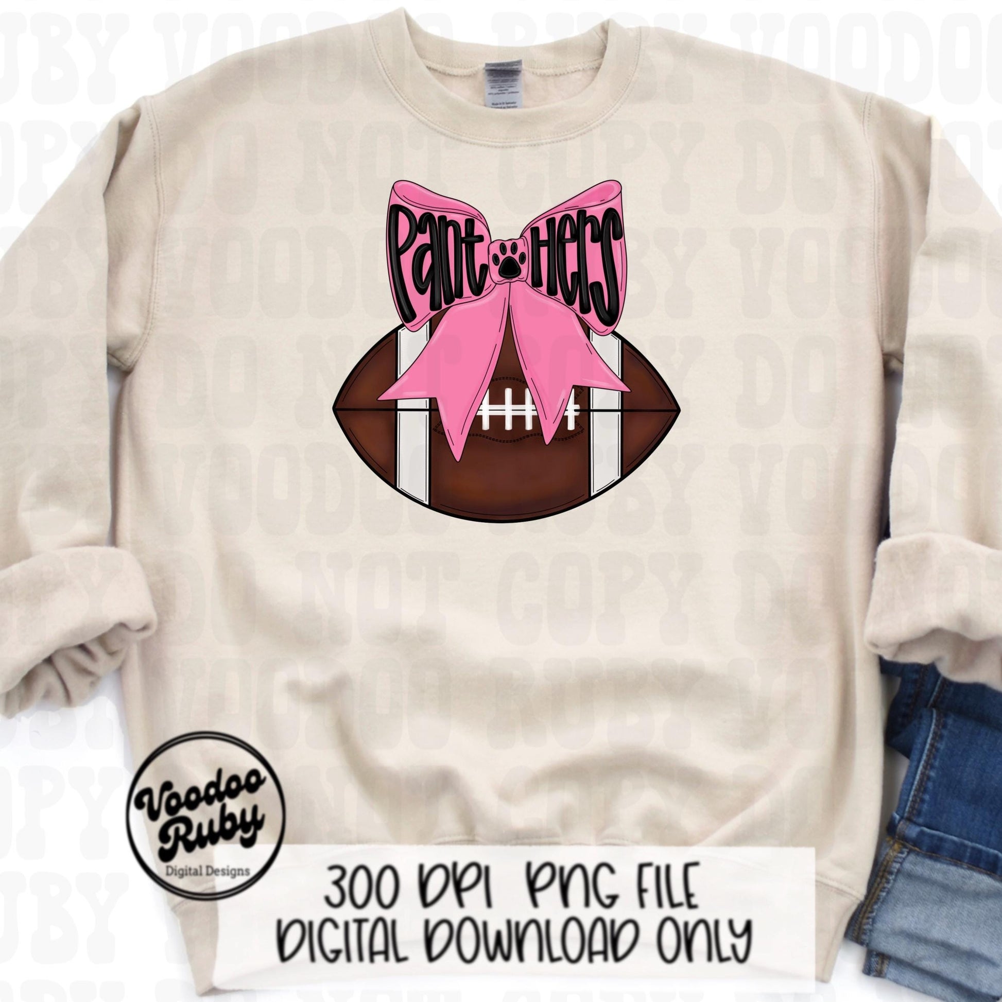 Pink Panthers Mascot Football PNG Design Sublimation Coquette Hand Drawn Digital Download Pink Out Football Pink Bow PNG October Pink