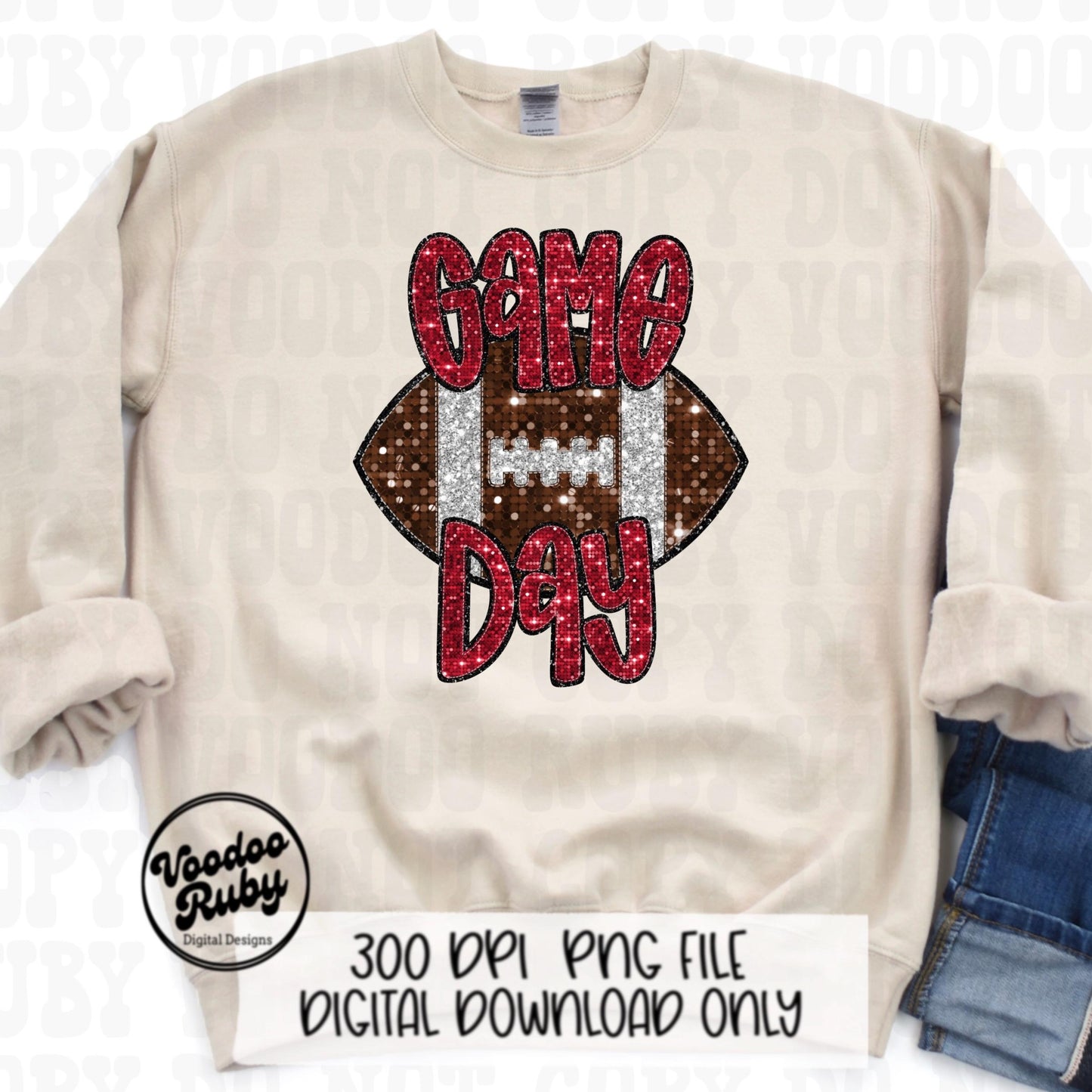 Football Game Day Red Sequin PNG Design Sublimation Faux Embroidery Hand Drawn Digital Download Football Mascot PNG Glitter Printable DTF