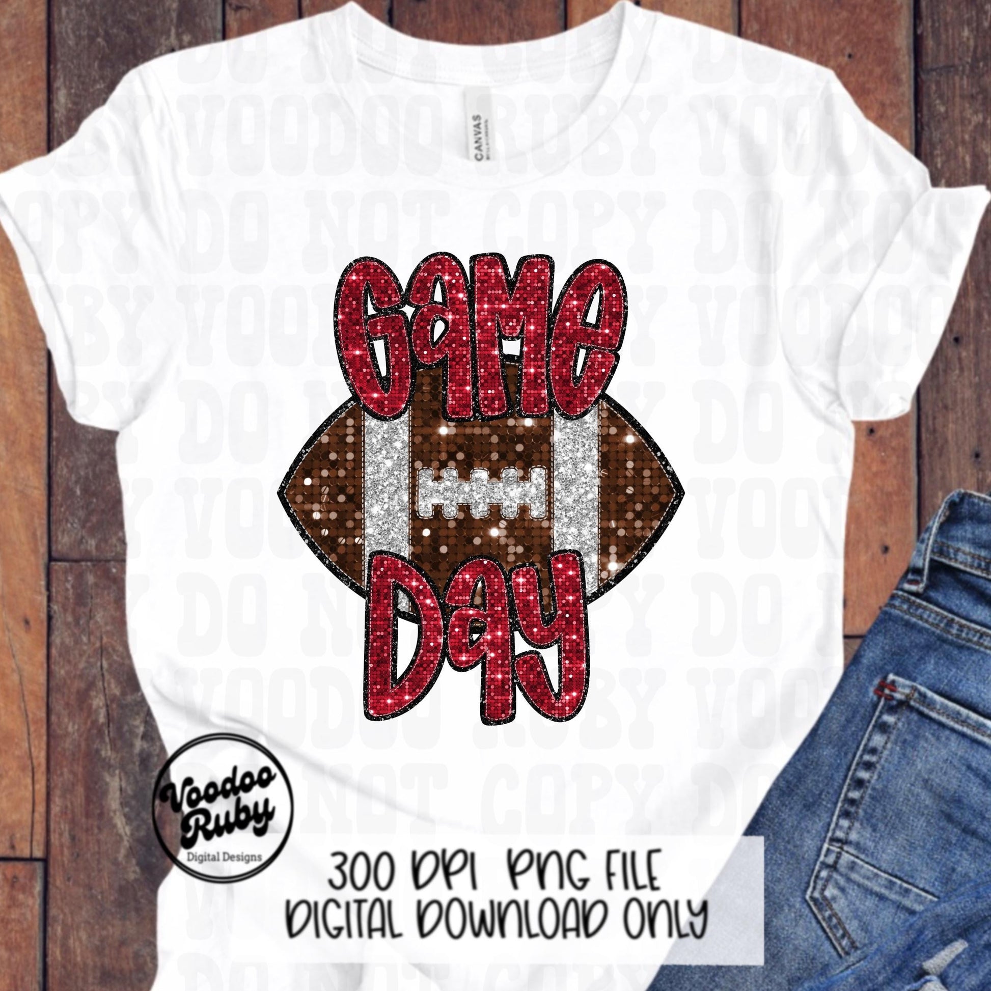 Football Game Day Red Sequin PNG Design Sublimation Faux Embroidery Hand Drawn Digital Download Football Mascot PNG Glitter Printable DTF