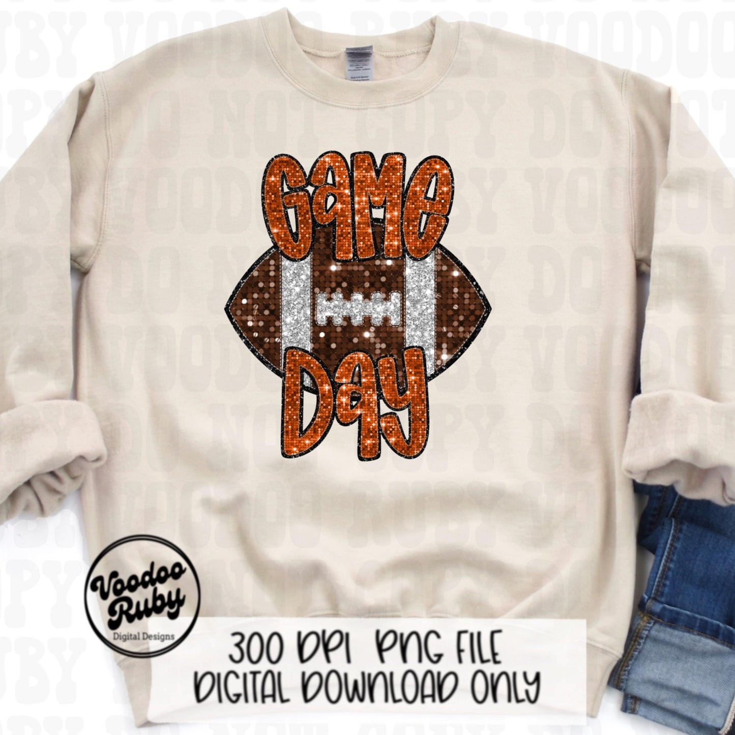 Football Game Day Orange Sequin PNG Design Sublimation Faux Embroidery Hand Drawn Digital Download Football Mascot PNG Glitter Printable DTF