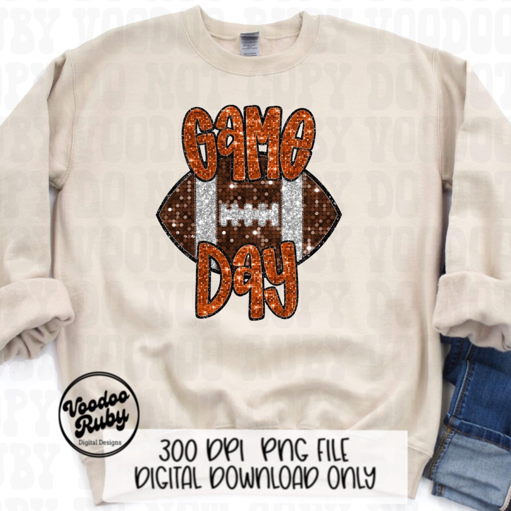 Football Game Day Orange Sequin PNG Design Sublimation Faux Embroidery Hand Drawn Digital Download Football Mascot PNG Glitter Printable DTF