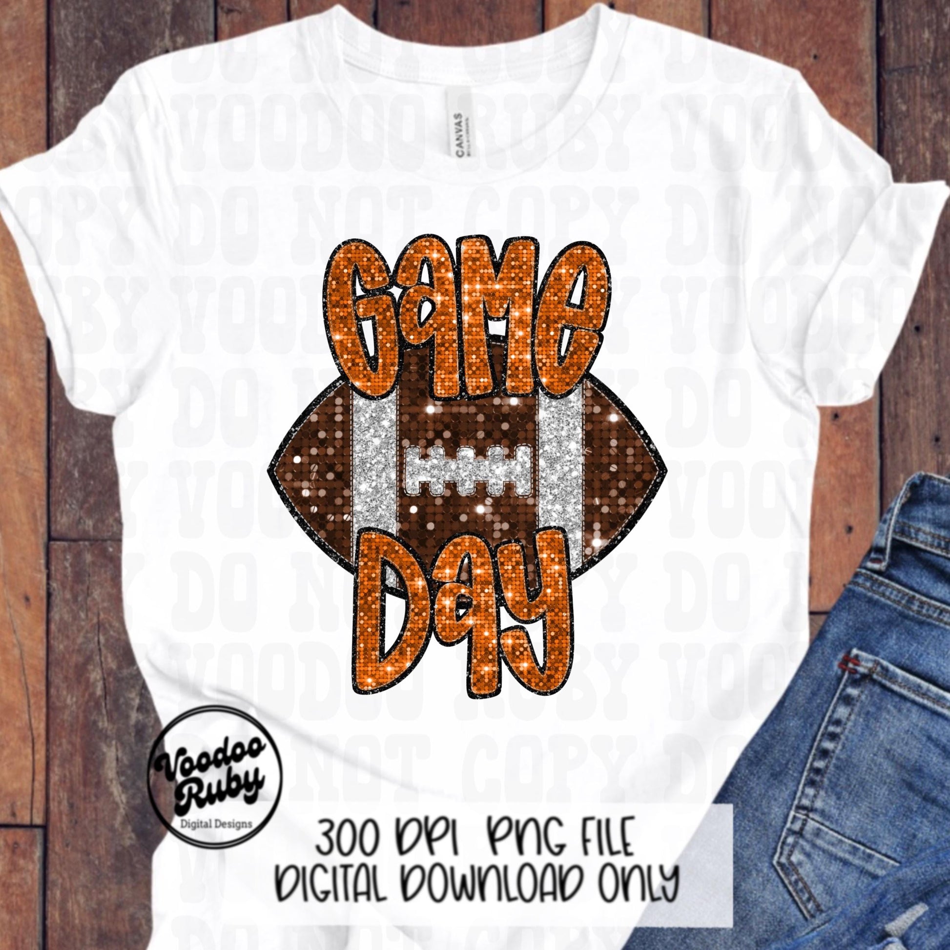 Football Game Day Orange Sequin PNG Design Sublimation Faux Embroidery Hand Drawn Digital Download Football Mascot PNG Glitter Printable DTF
