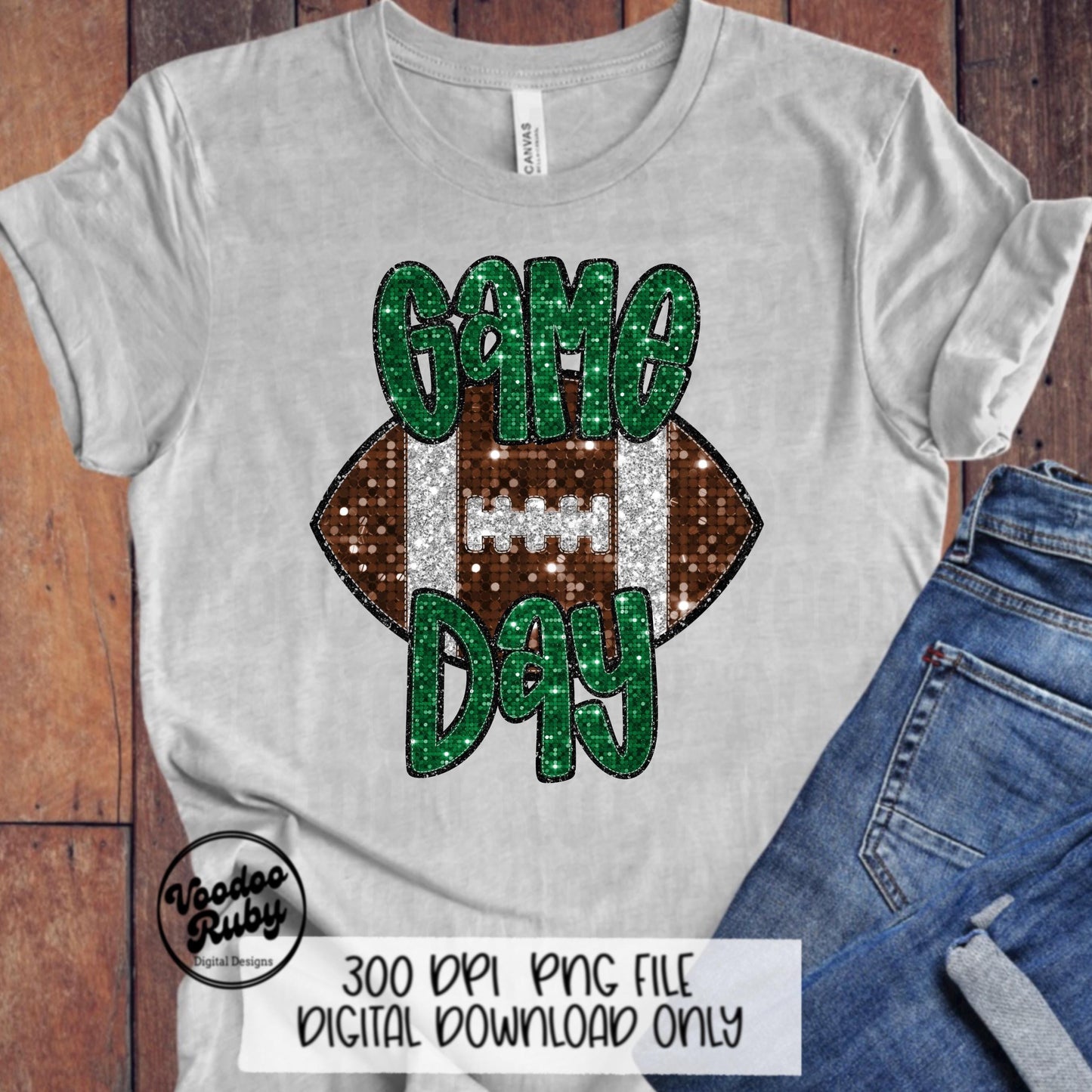 Football Game Day Green Sequin PNG Design Sublimation Faux Embroidery Hand Drawn Digital Download Football Mascot PNG Glitter Printable DTF