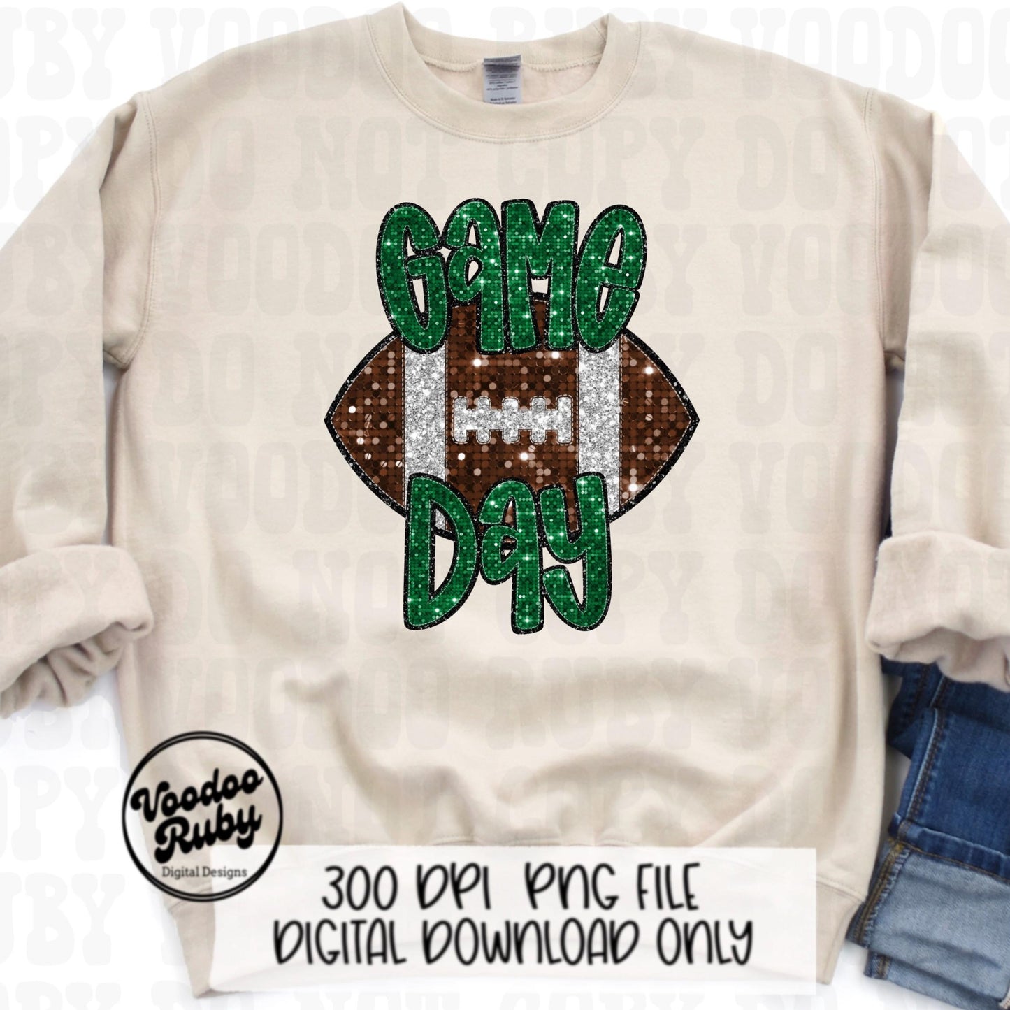Football Game Day Green Sequin PNG Design Sublimation Faux Embroidery Hand Drawn Digital Download Football Mascot PNG Glitter Printable DTF