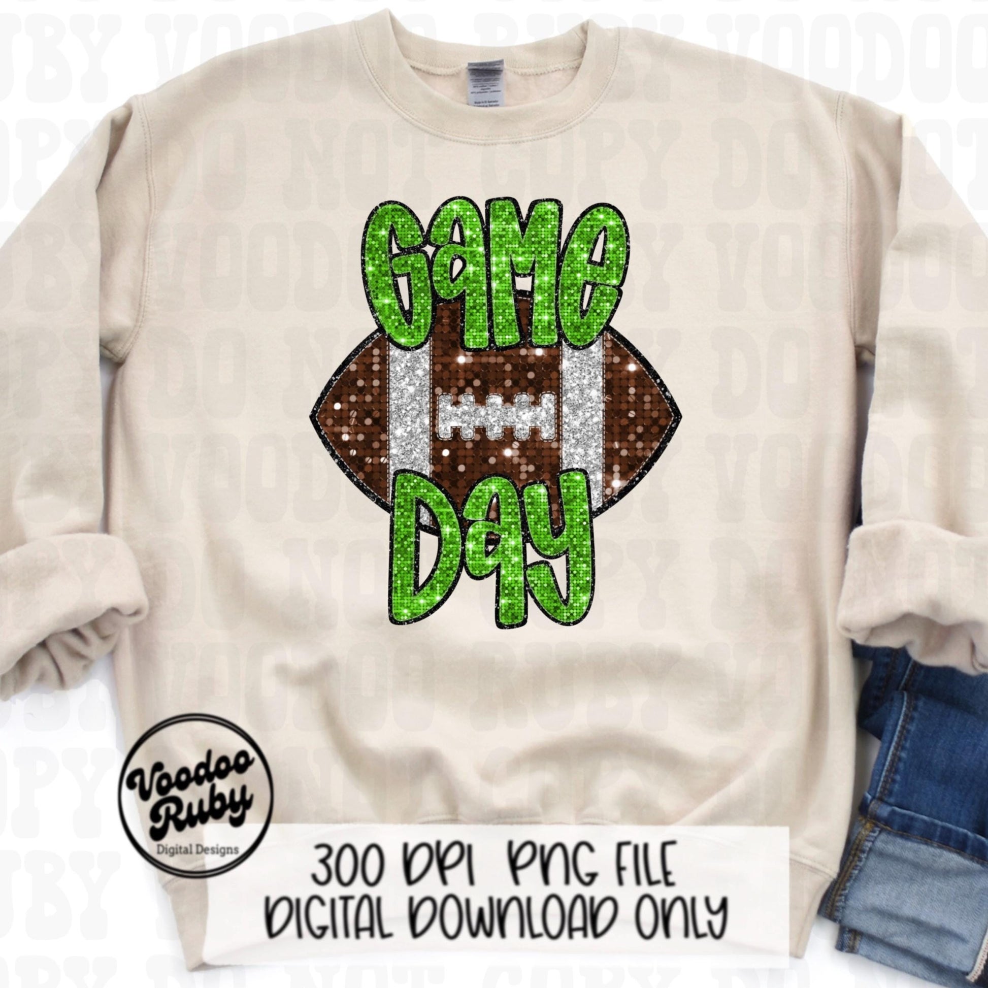 Football Game Day Lime Green Sequin PNG Design Sublimation Faux Embroidery Hand Drawn Digital Download Football Mascot PNG Glitter DTF