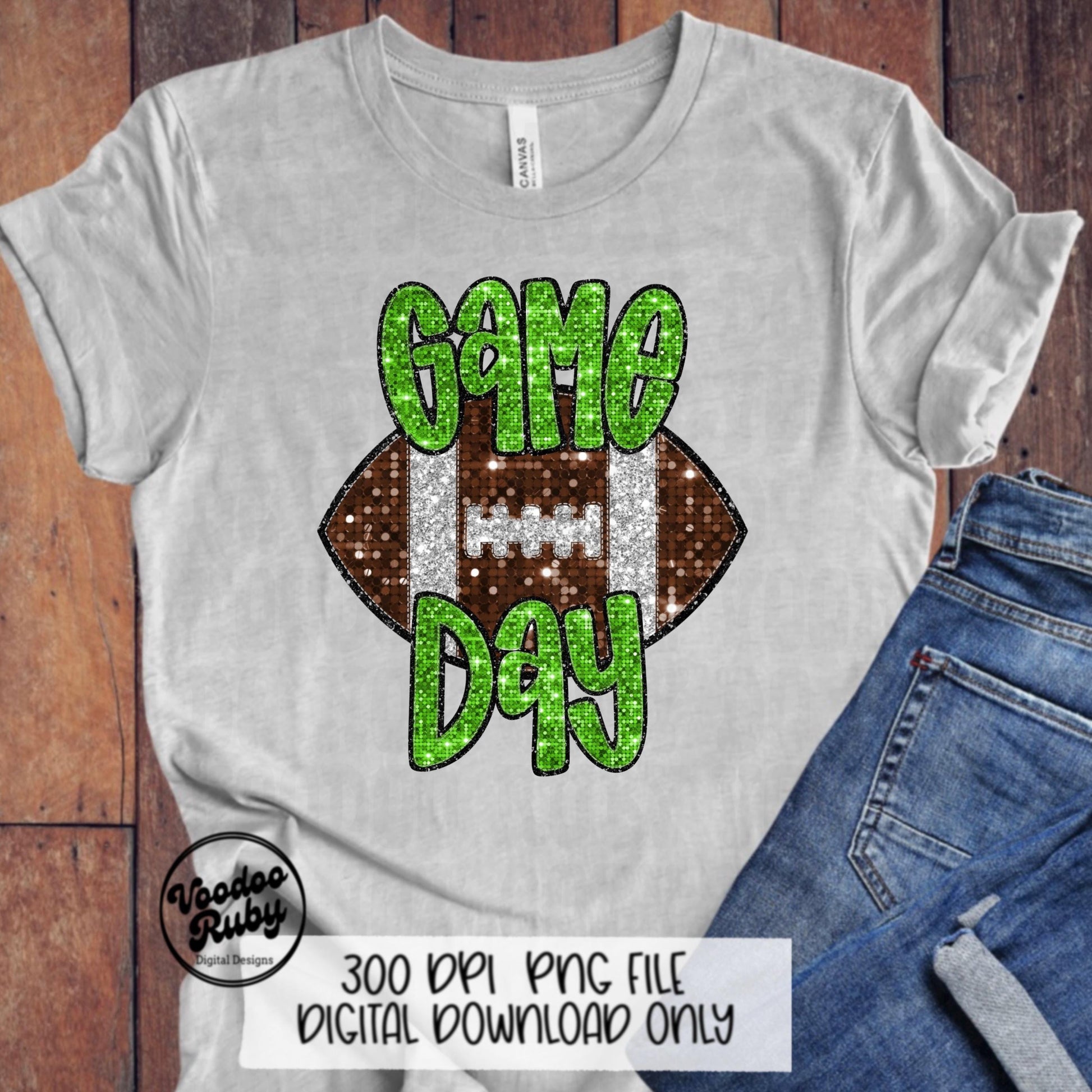 Football Game Day Lime Green Sequin PNG Design Sublimation Faux Embroidery Hand Drawn Digital Download Football Mascot PNG Glitter DTF
