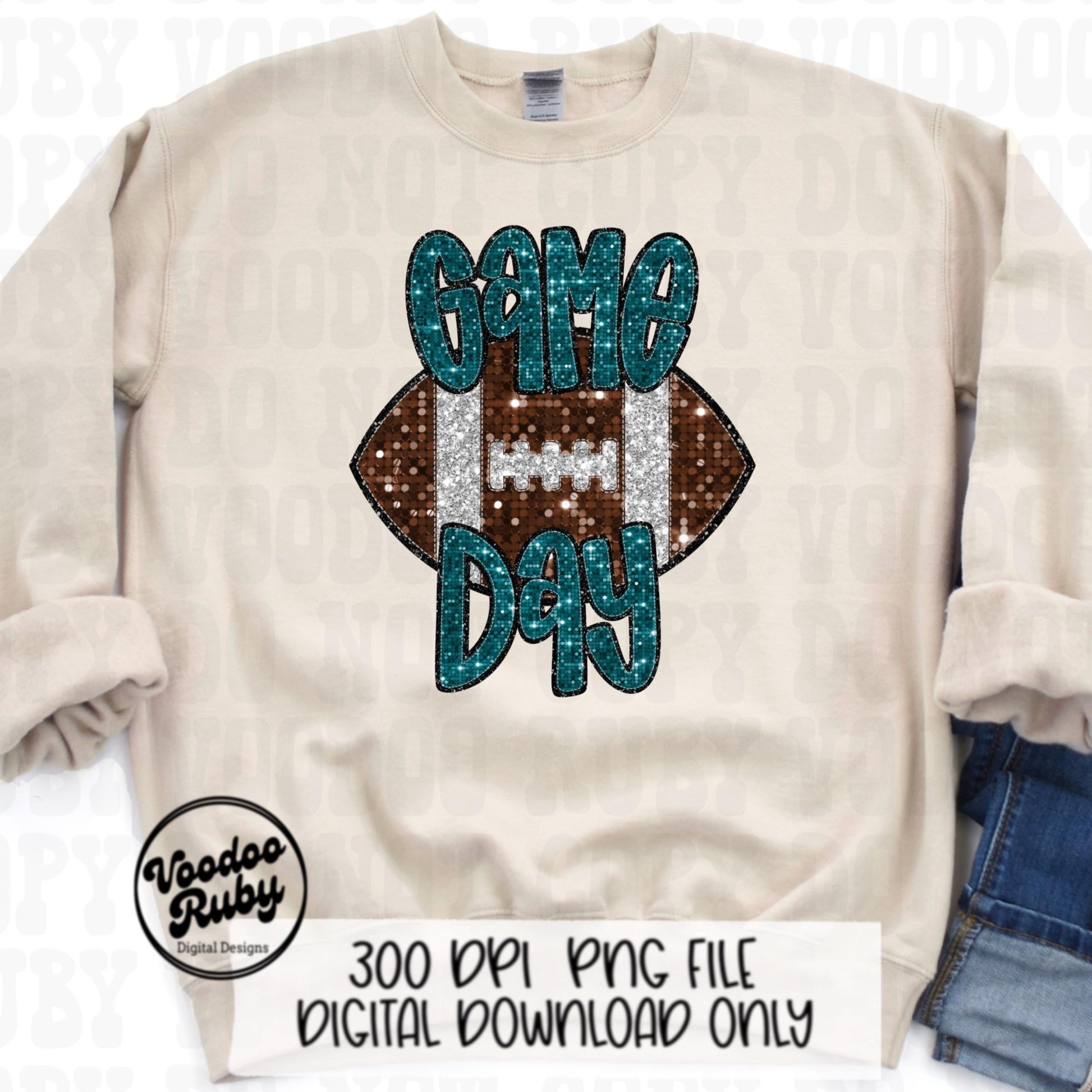Football Game Day Teal Sequin PNG Design Sublimation Faux Embroidery Hand Drawn Digital Download Football Mascot PNG Glitter Printable DTF