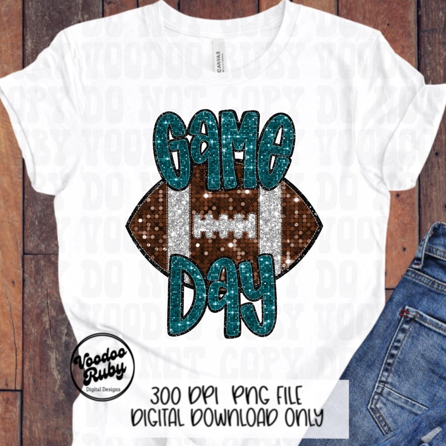 Football Game Day Teal Sequin PNG Design Sublimation Faux Embroidery Hand Drawn Digital Download Football Mascot PNG Glitter Printable DTF