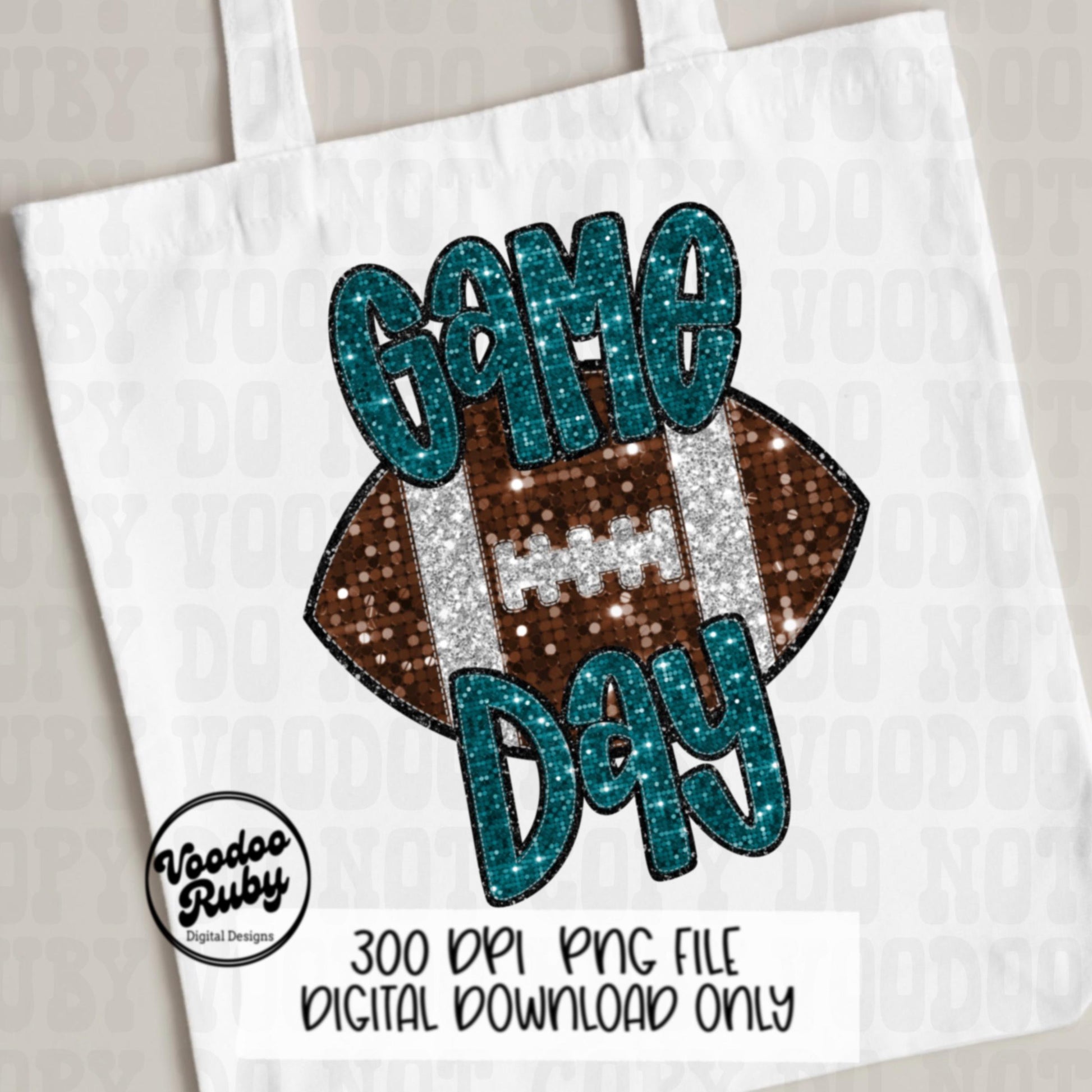 Football Game Day Teal Sequin PNG Design Sublimation Faux Embroidery Hand Drawn Digital Download Football Mascot PNG Glitter Printable DTF