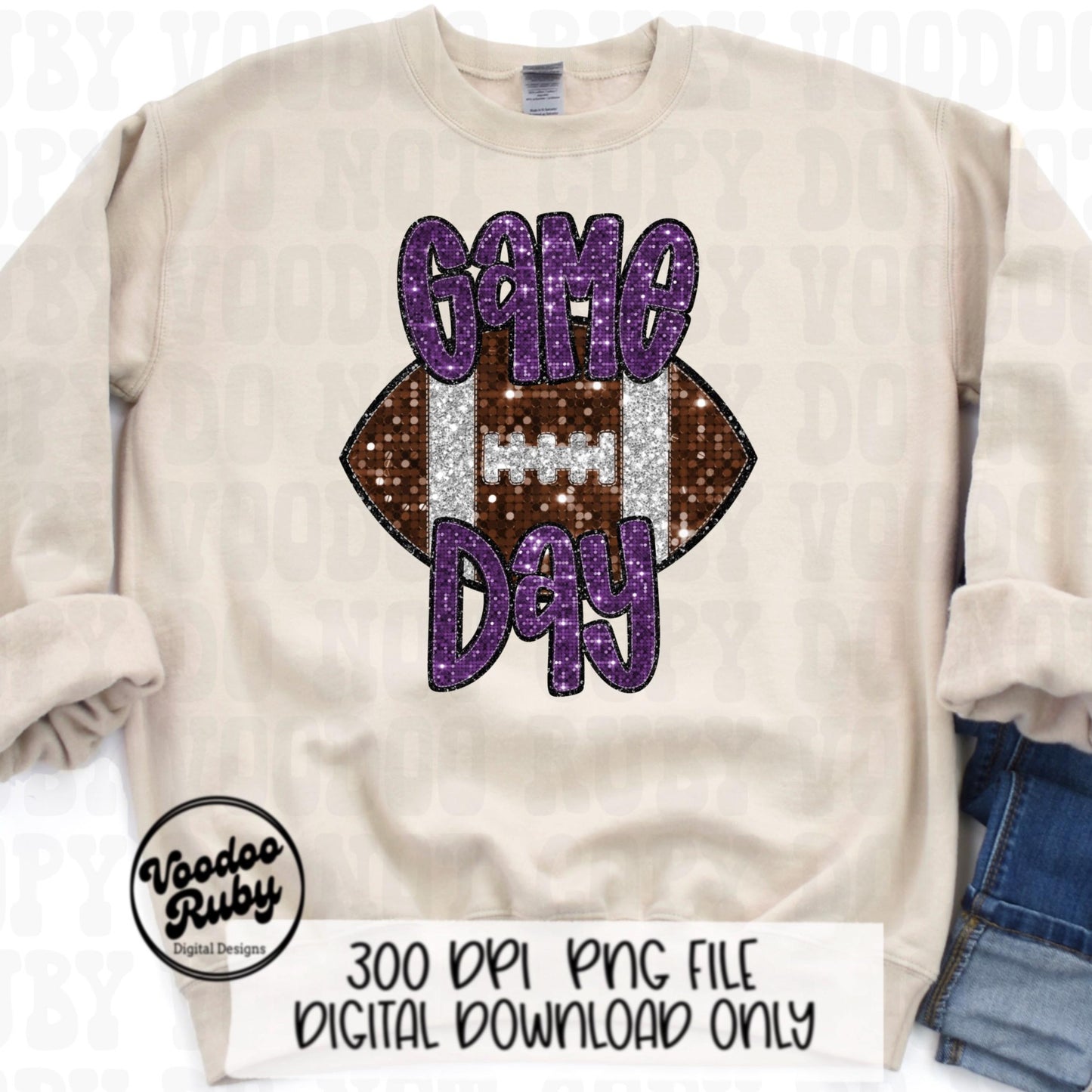 Football Game Day Purple Sequin PNG Design Sublimation Faux Embroidery Hand Drawn Digital Download Football Mascot PNG Glitter Printable DTF