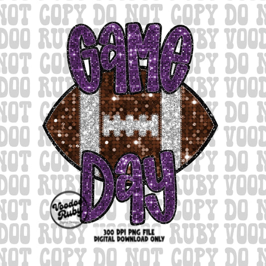 Football Game Day Purple Sequin PNG Design Sublimation Faux Embroidery Hand Drawn Digital Download Football Mascot PNG Glitter Printable DTF